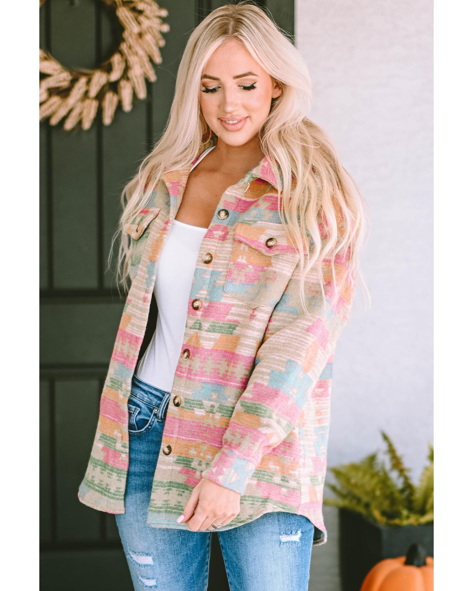 Azura Exchange Multicolor Western Aztec Print Button Flap Pocket Shacket - L