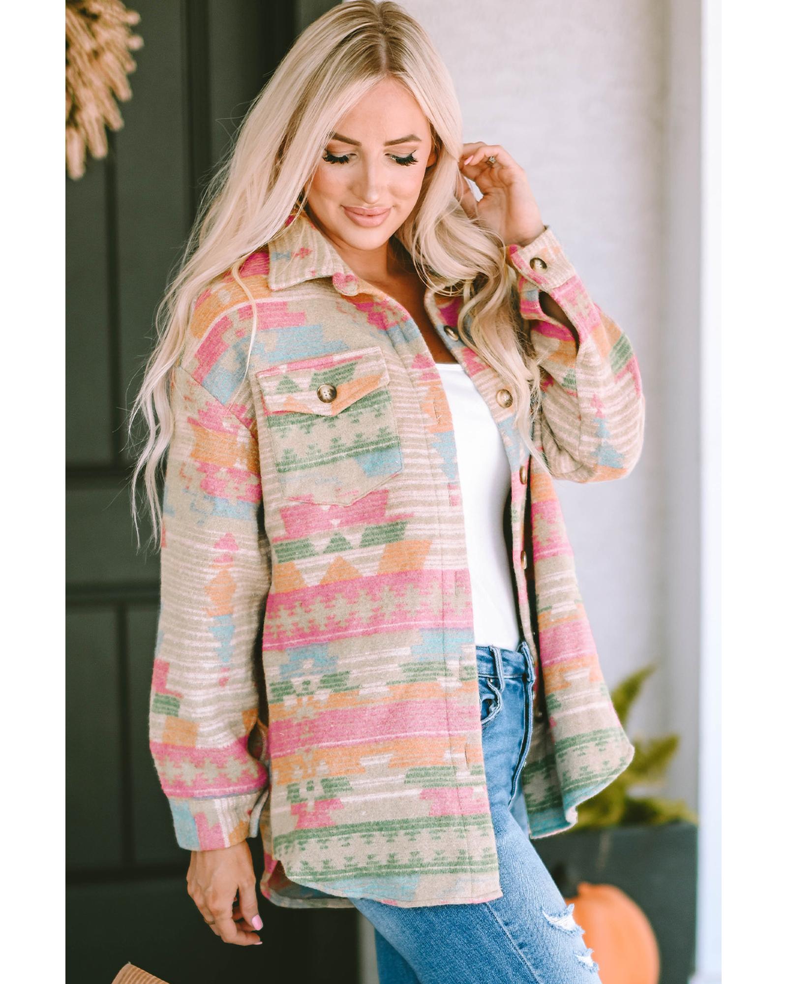 Azura Exchange Multicolor Western Aztec Print Button Flap Pocket Shacket - XL