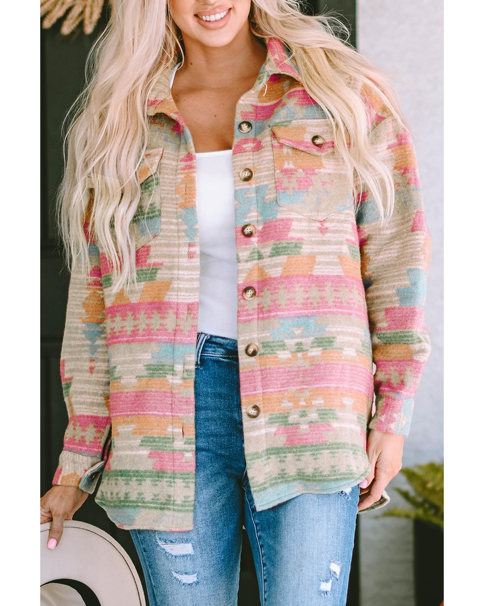 Azura Exchange Multicolor Western Aztec Print Button Flap Pocket Shacket - XL