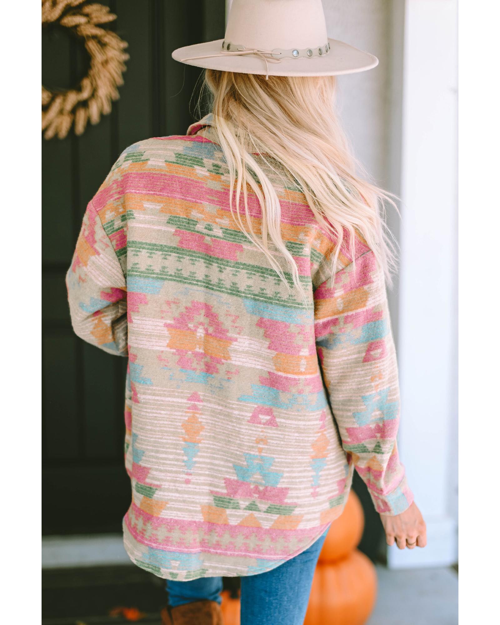 Azura Exchange Multicolor Western Aztec Print Button Flap Pocket Shacket - XL