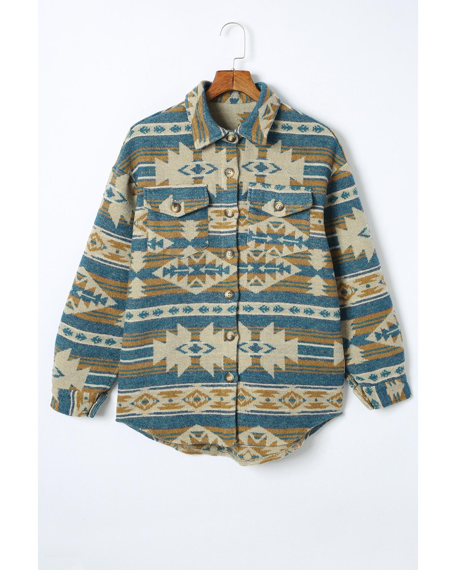 Azura Exchange Blue Western Aztec Print Button Flap Pocket Shacket - M