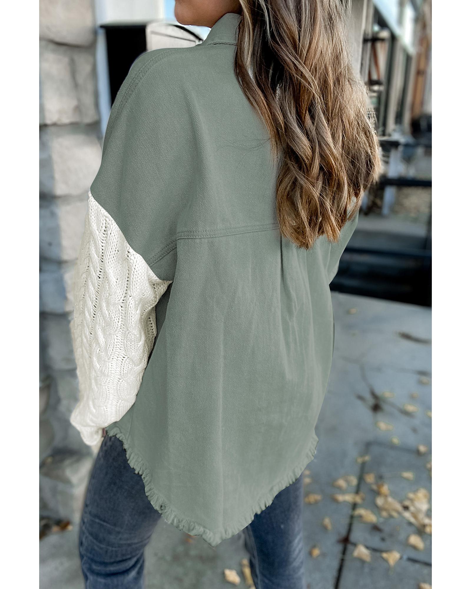 Green Cable Knit Sleeve Raw Hem Shacket - M