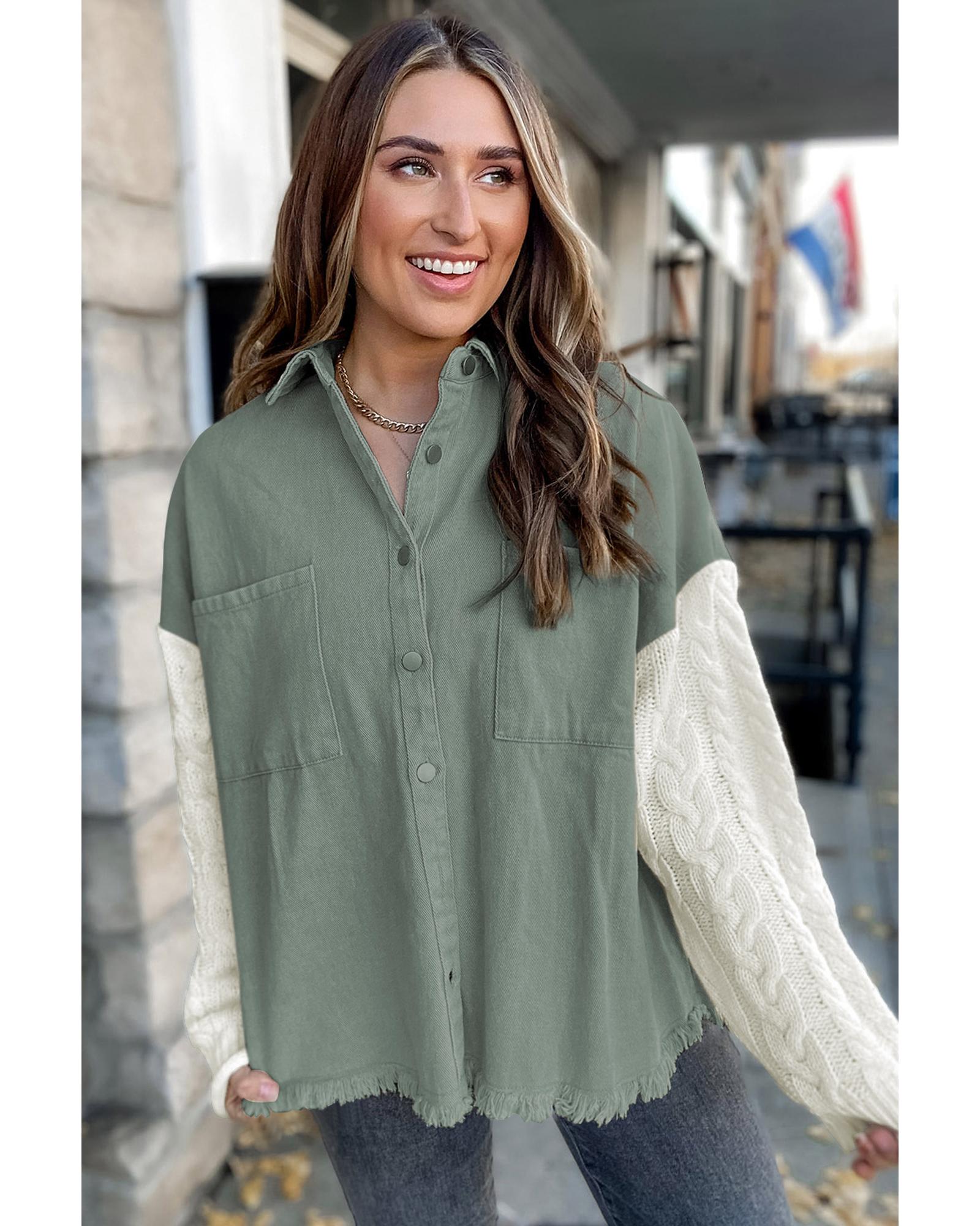 Green Cable Knit Sleeve Raw Hem Shacket - S