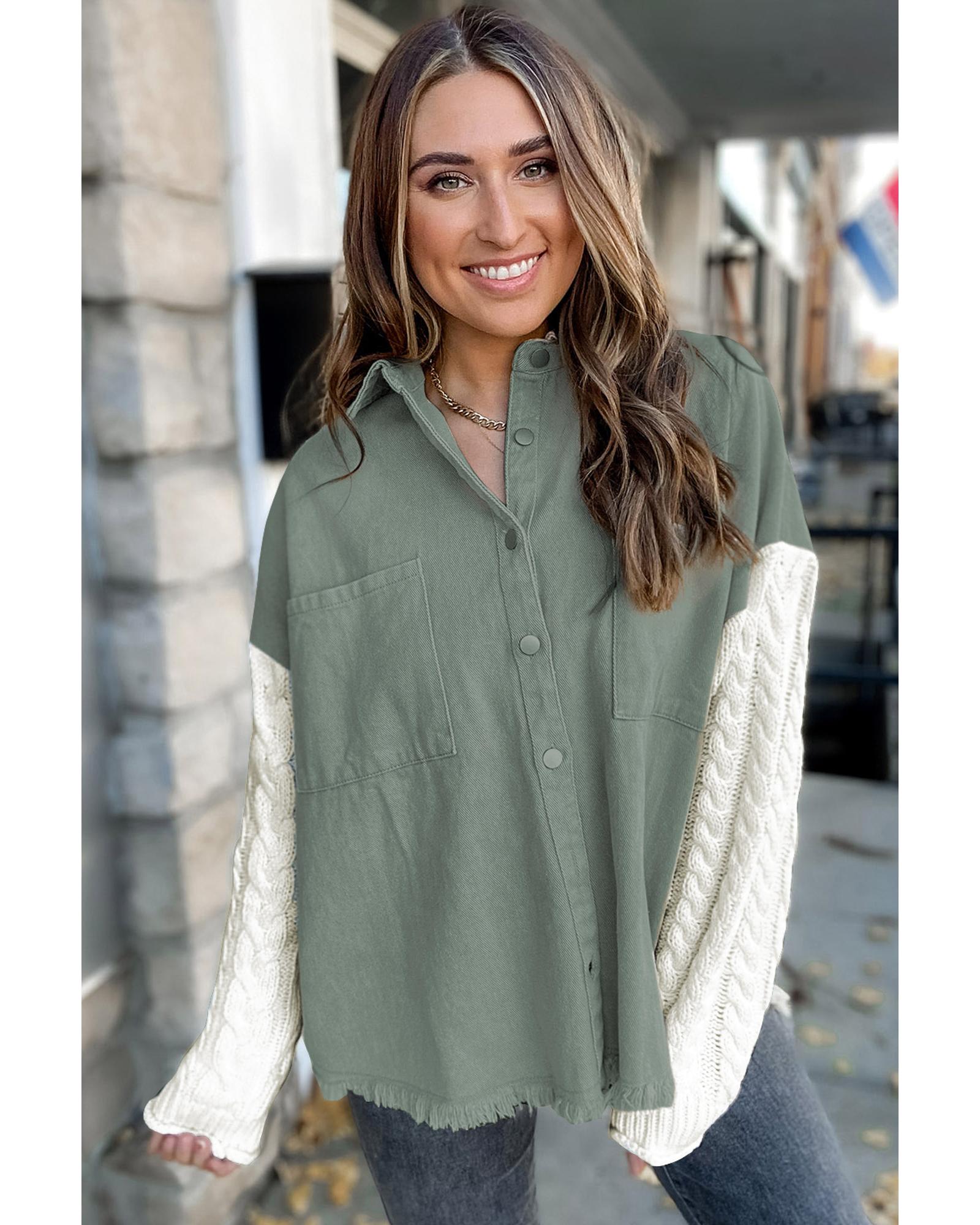Green Cable Knit Sleeve Raw Hem Shacket - S