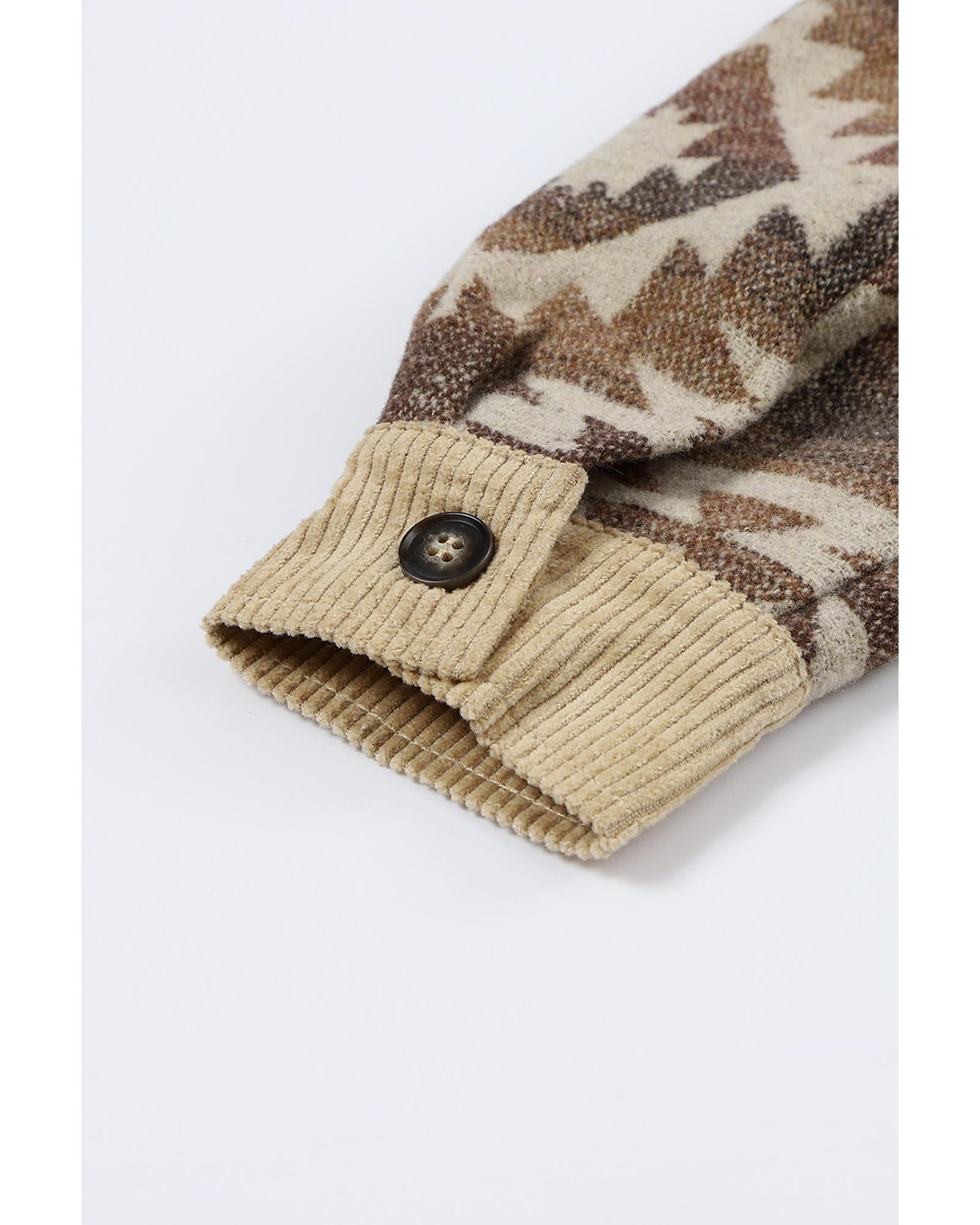 Khaki Aztec Print Patchwork Frayed Edge Corduroy Jacket - L
