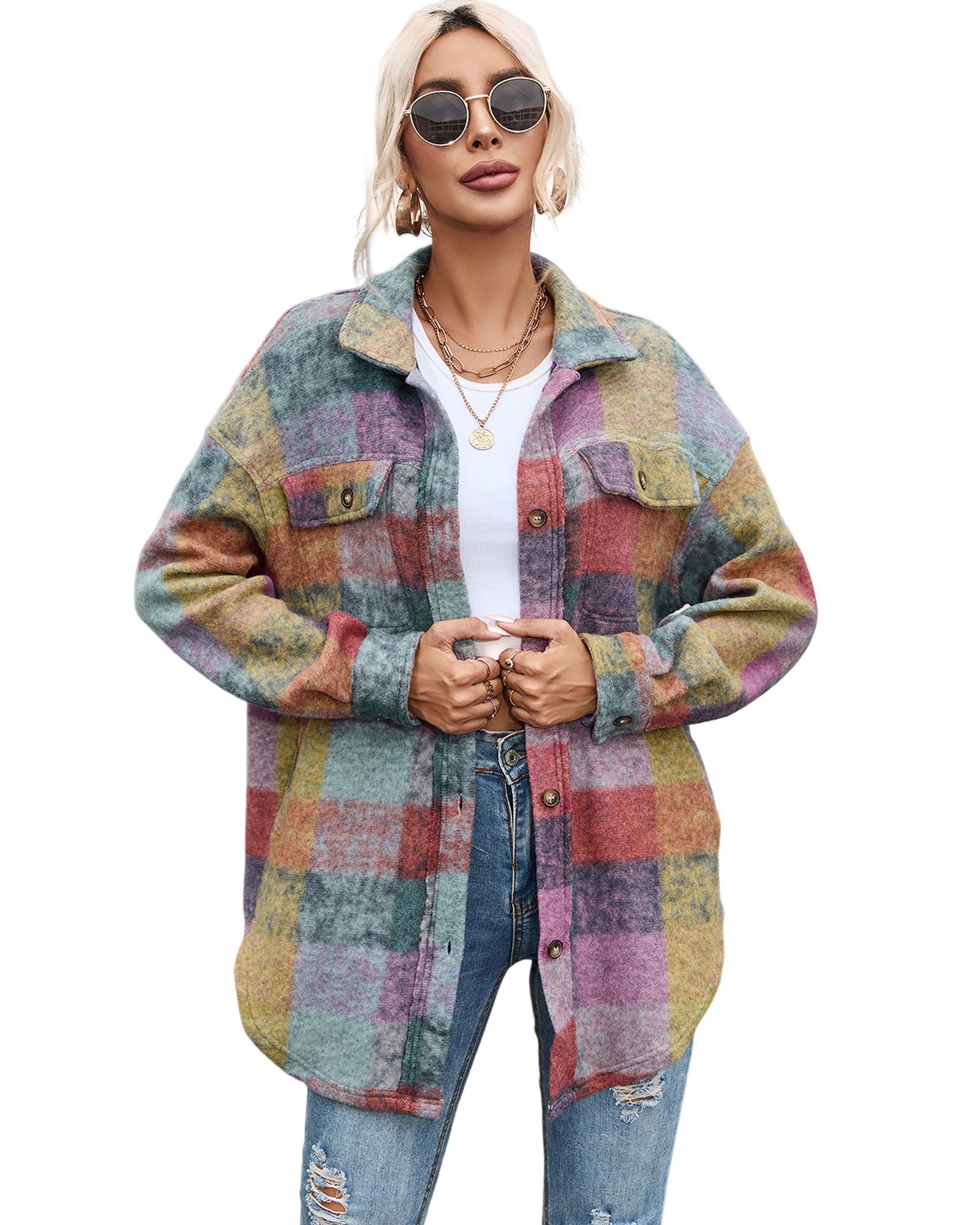 Multicolor Brushed Plaid Pocketed Oversize Shacket - M