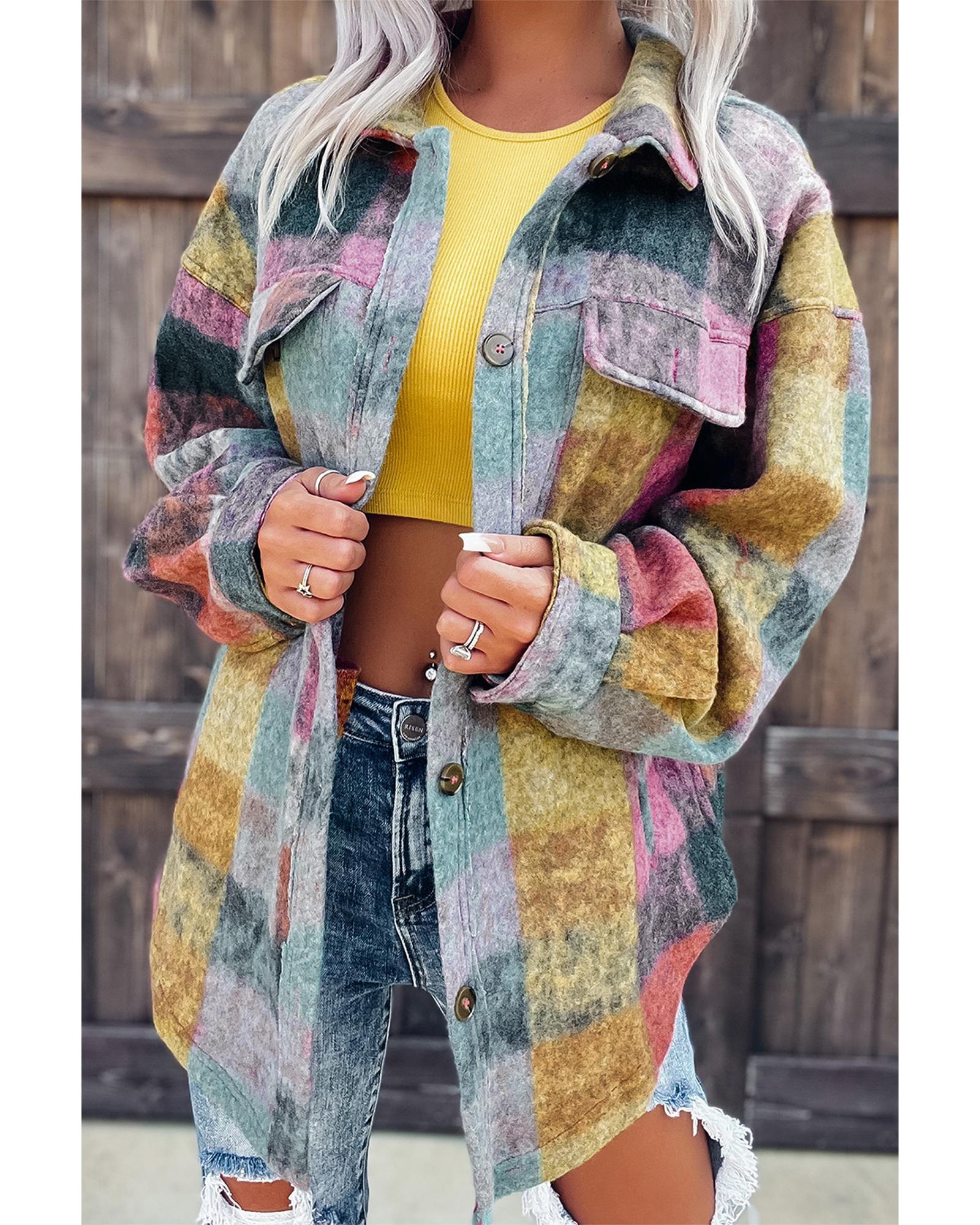 Multicolor Brushed Plaid Pocketed Oversize Shacket - M