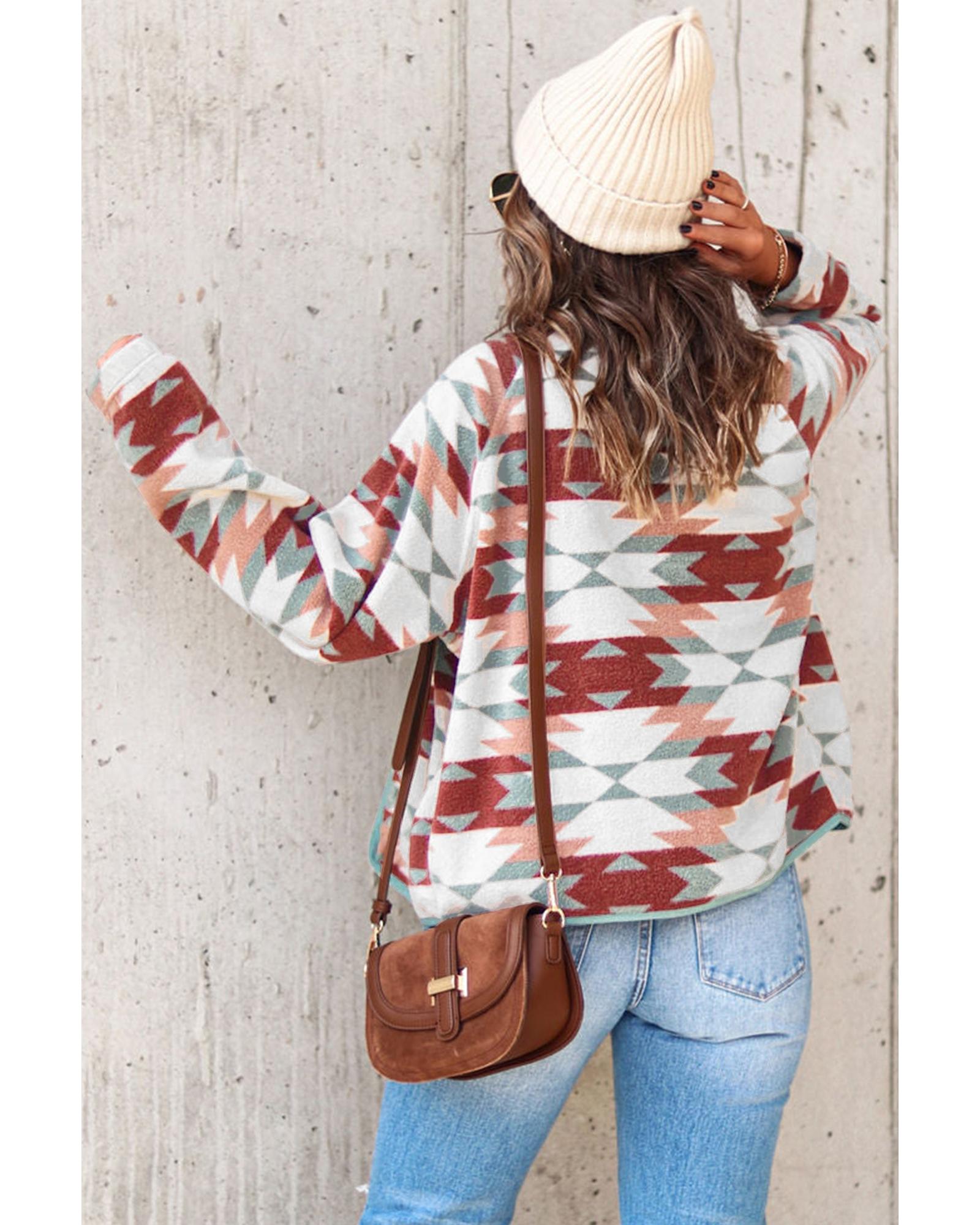 Azura Exchange Red Western Aztec Buttoned Zipper Pockets Fleece Jacket - L