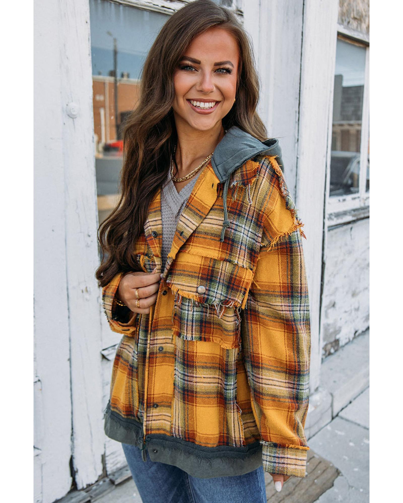 Orange Plaid Patch Hooded Frayed Snap Button Jacket - L