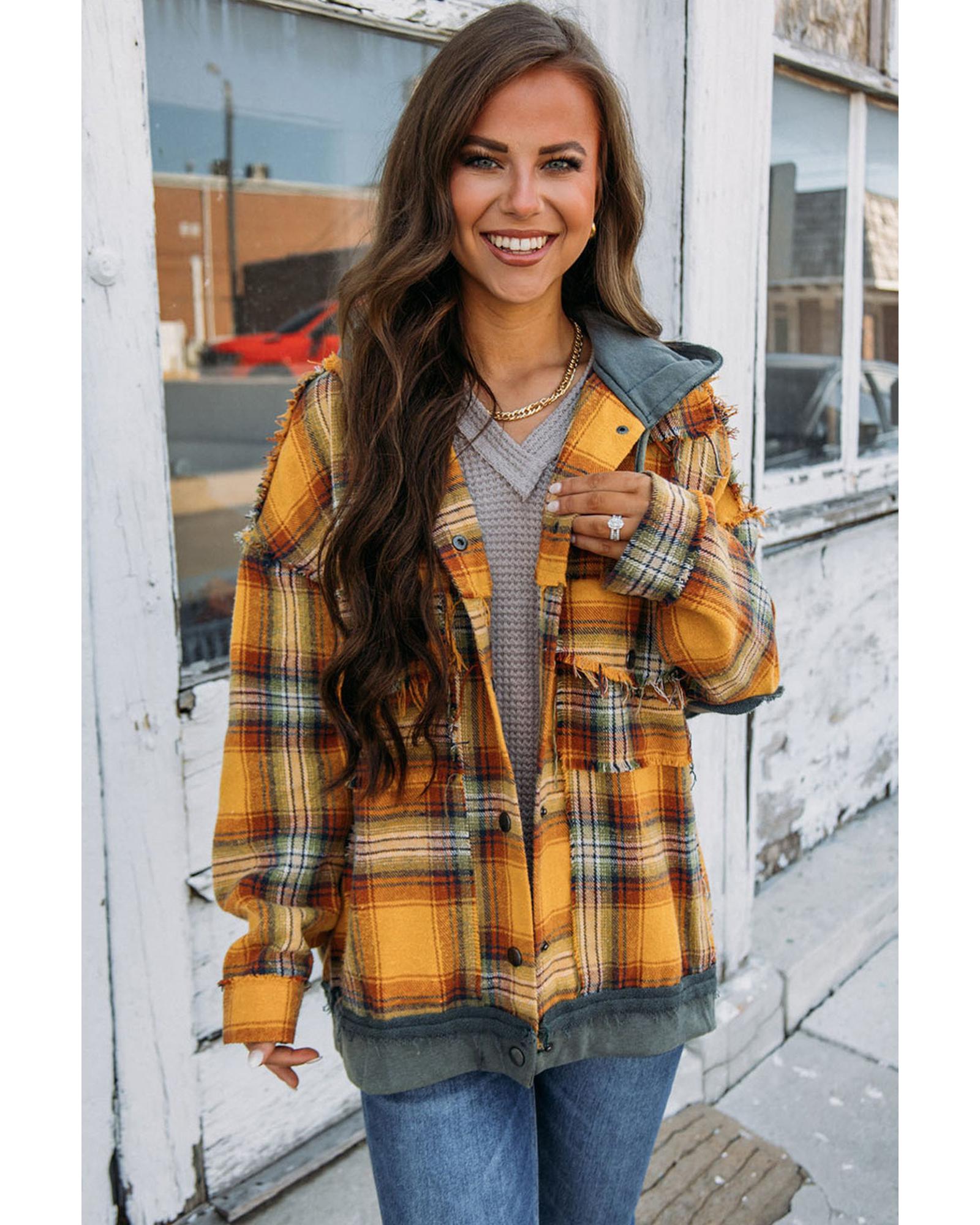 Orange Plaid Patch Hooded Frayed Snap Button Jacket - S