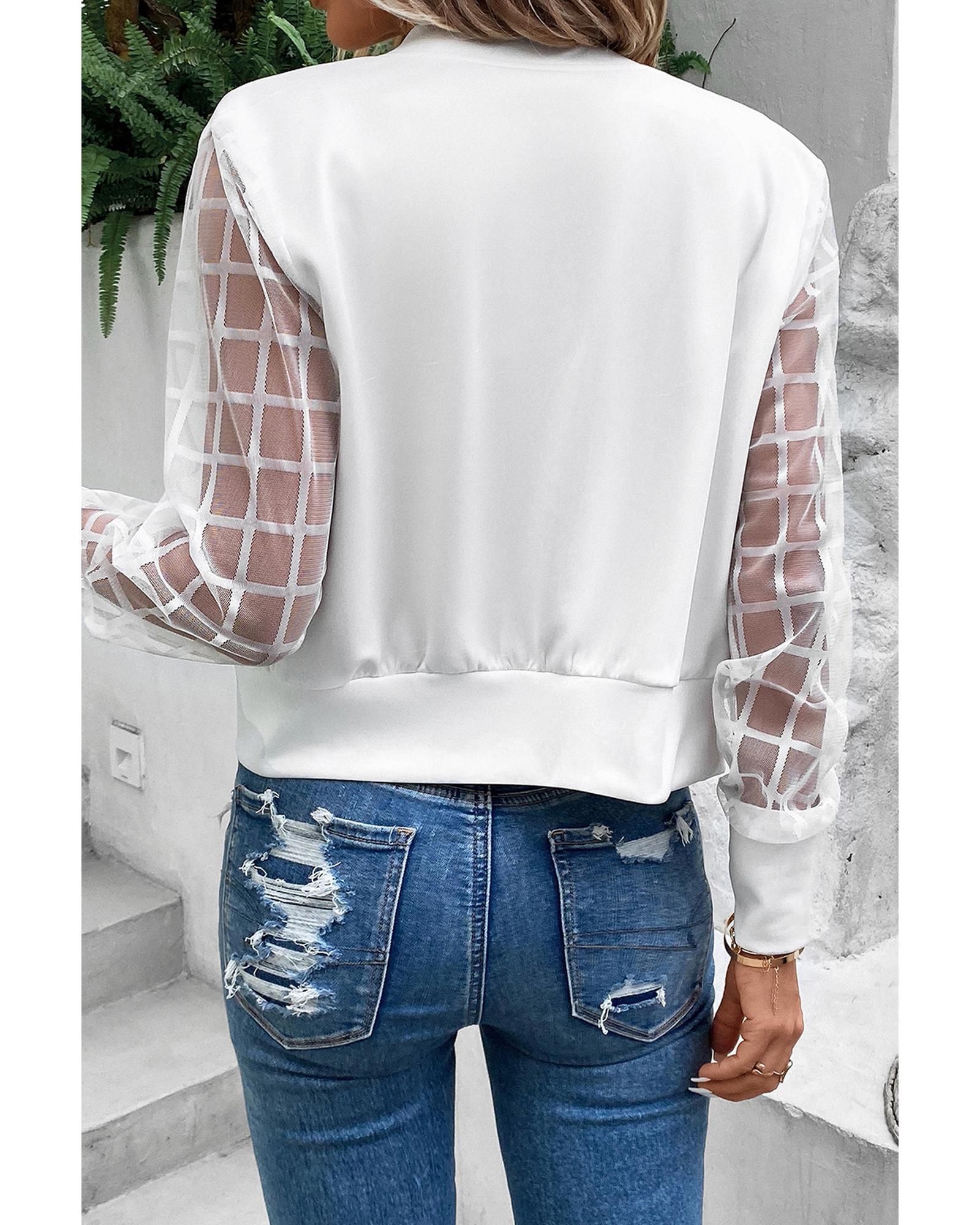 White Latticed Mesh Sleeve Zip Up Bomber Jacket - XL