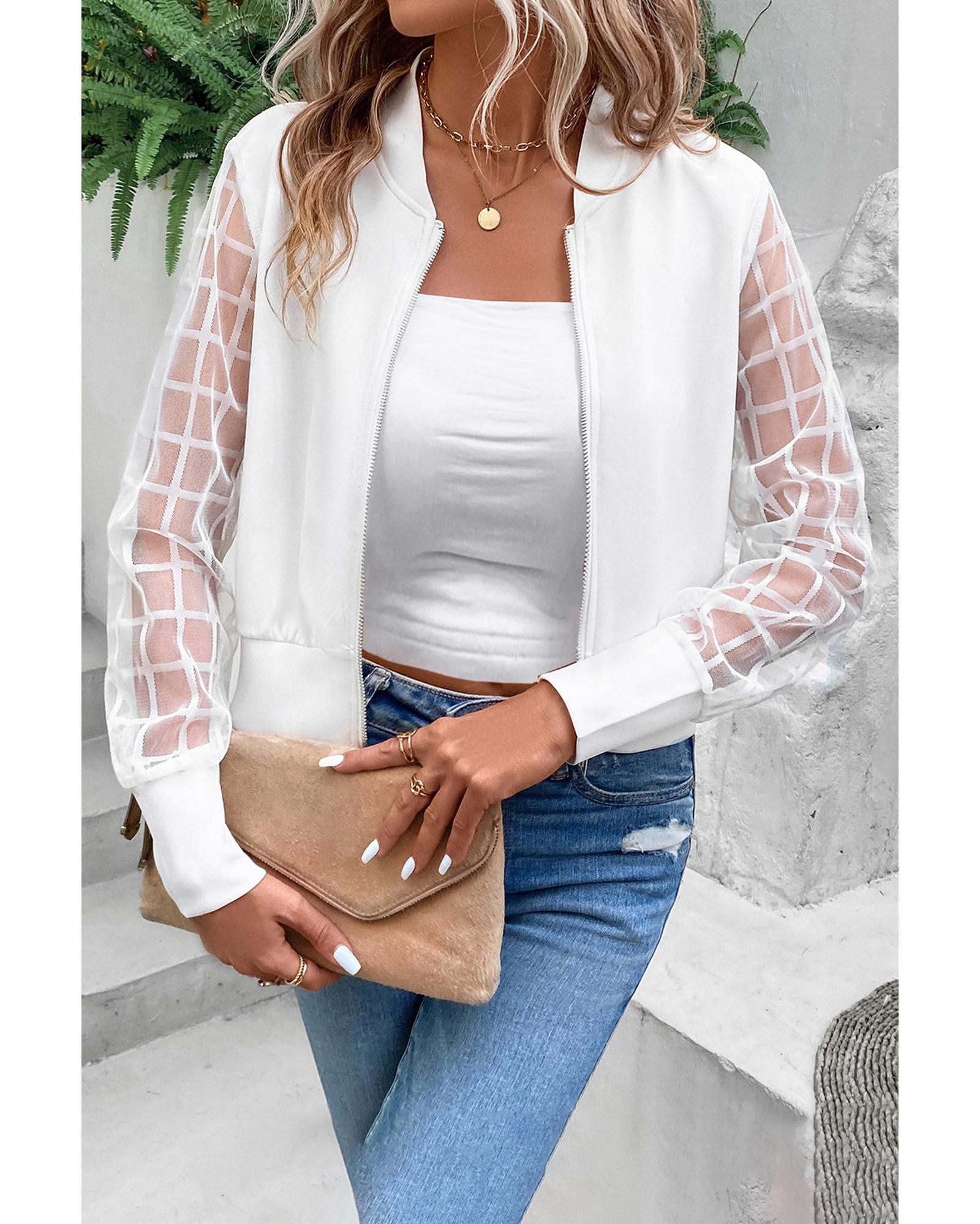 White Latticed Mesh Sleeve Zip Up Bomber Jacket - XL