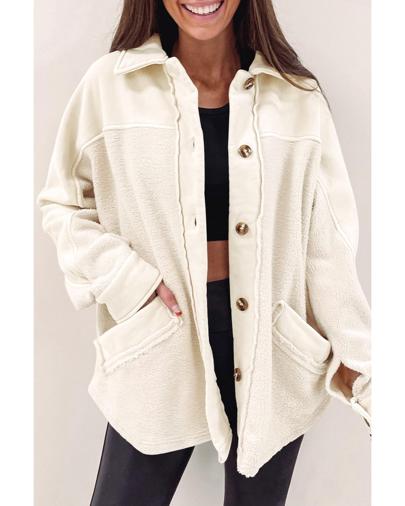 Beige Button-Up Stitching Pocket Raw Hem Shacket - S