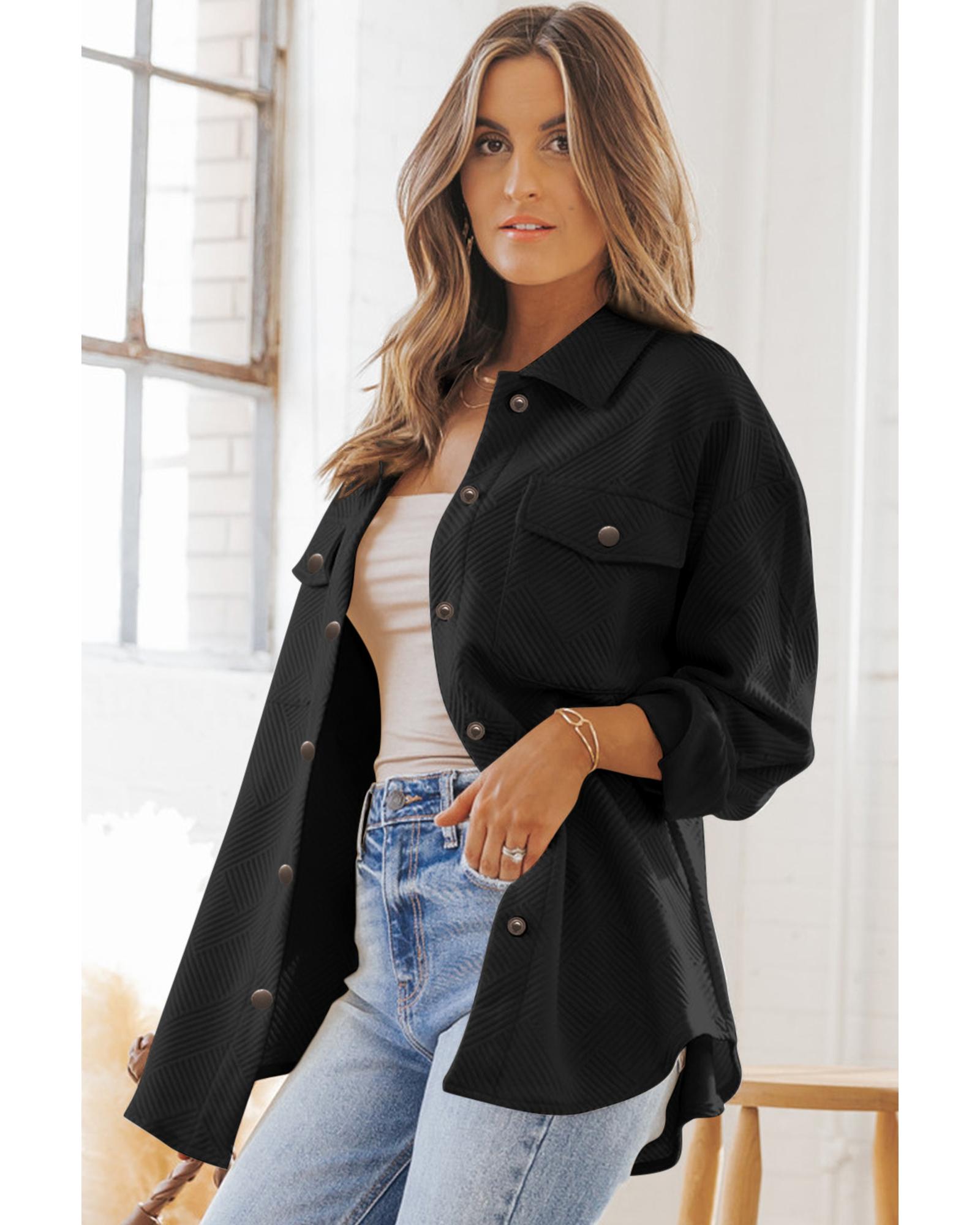 Black Solid Textured Flap Pocket Buttoned Shacket - XL