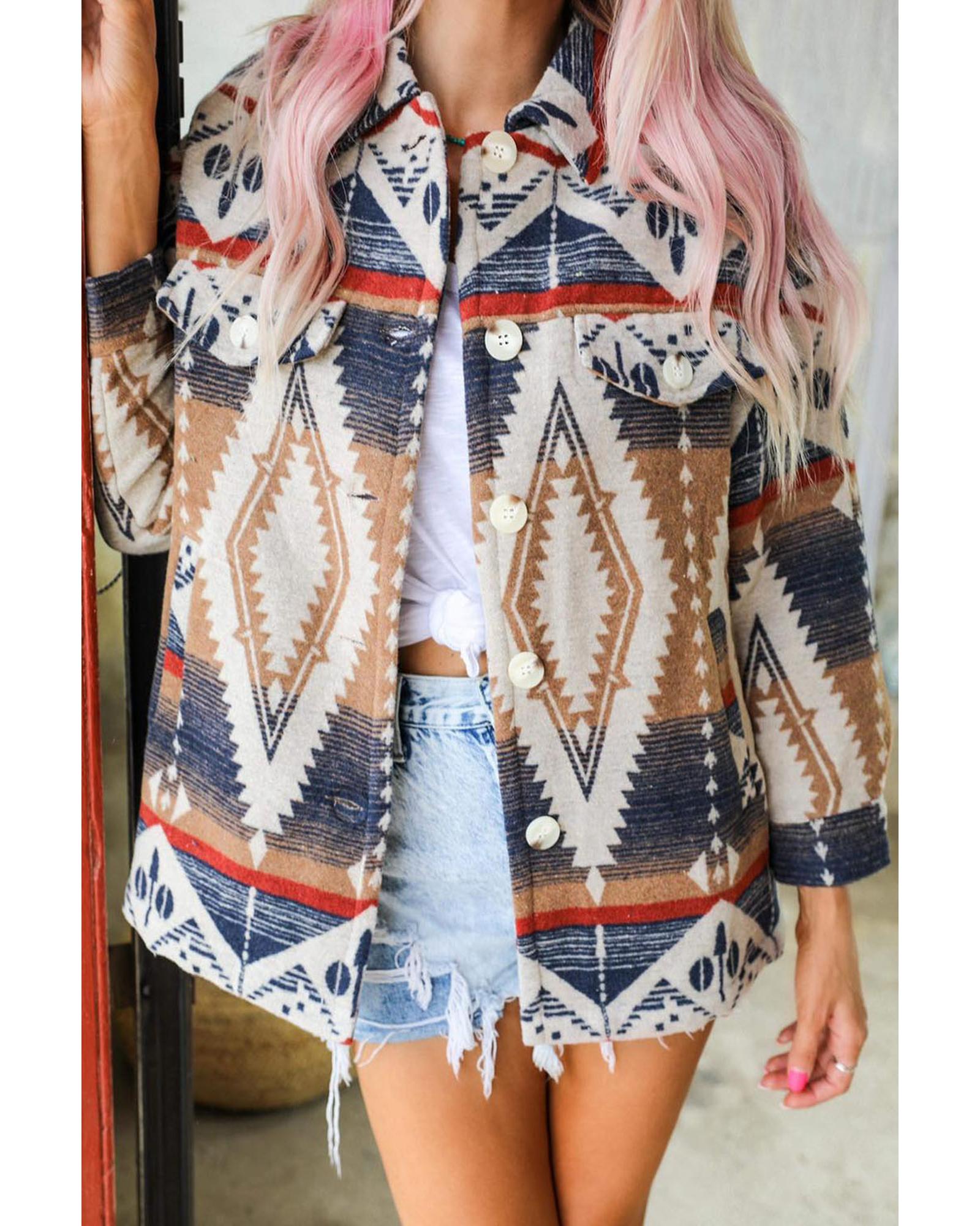 Multicolor Aztec Print Button-Up Oversized Jacket - L