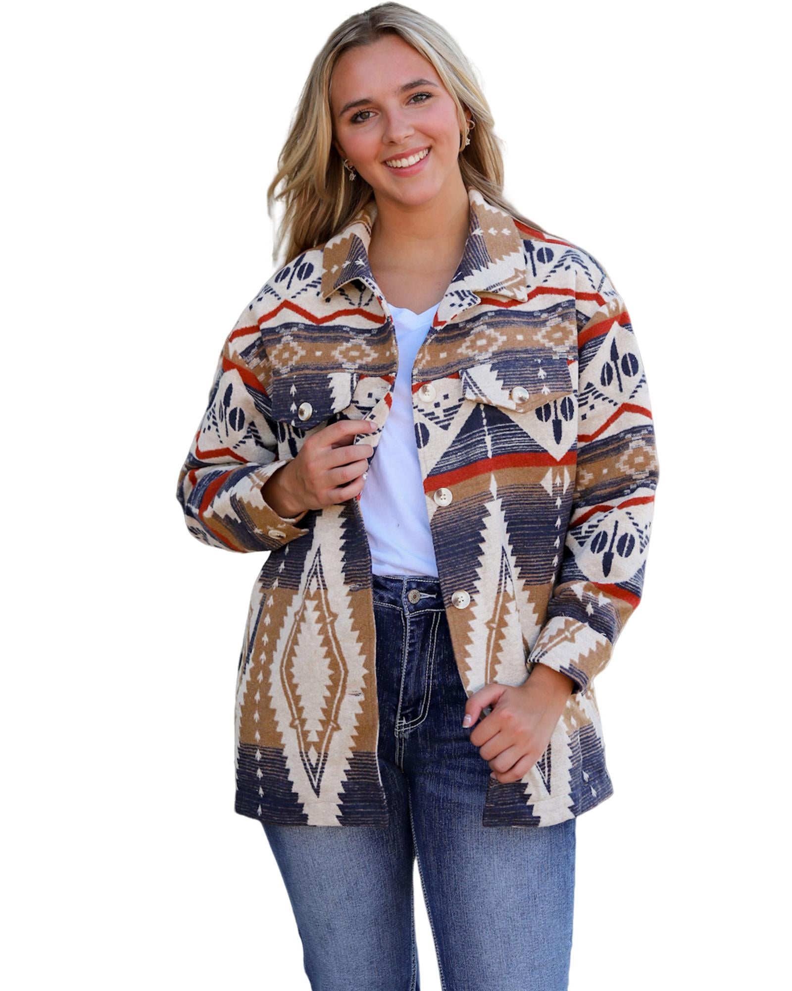 Multicolor Aztec Print Button-Up Oversized Jacket - XL