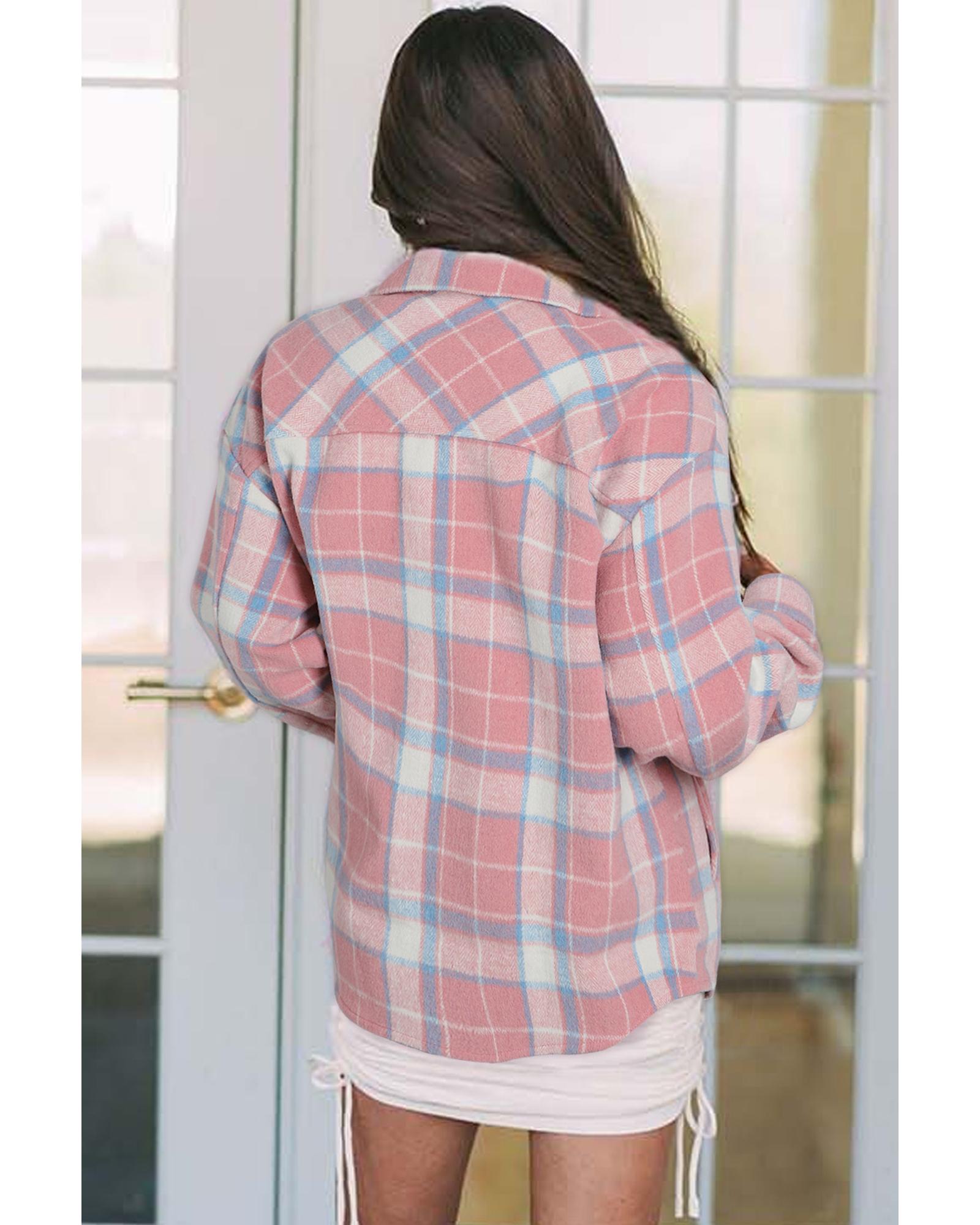 Pink Plaid Flap Pocket Flannel Shacket - L