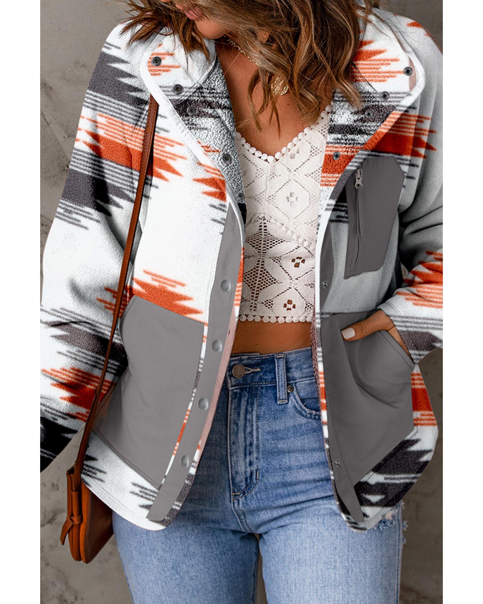 Multicolour Aztec Fleece Patchwork Snap Button Jacket - M