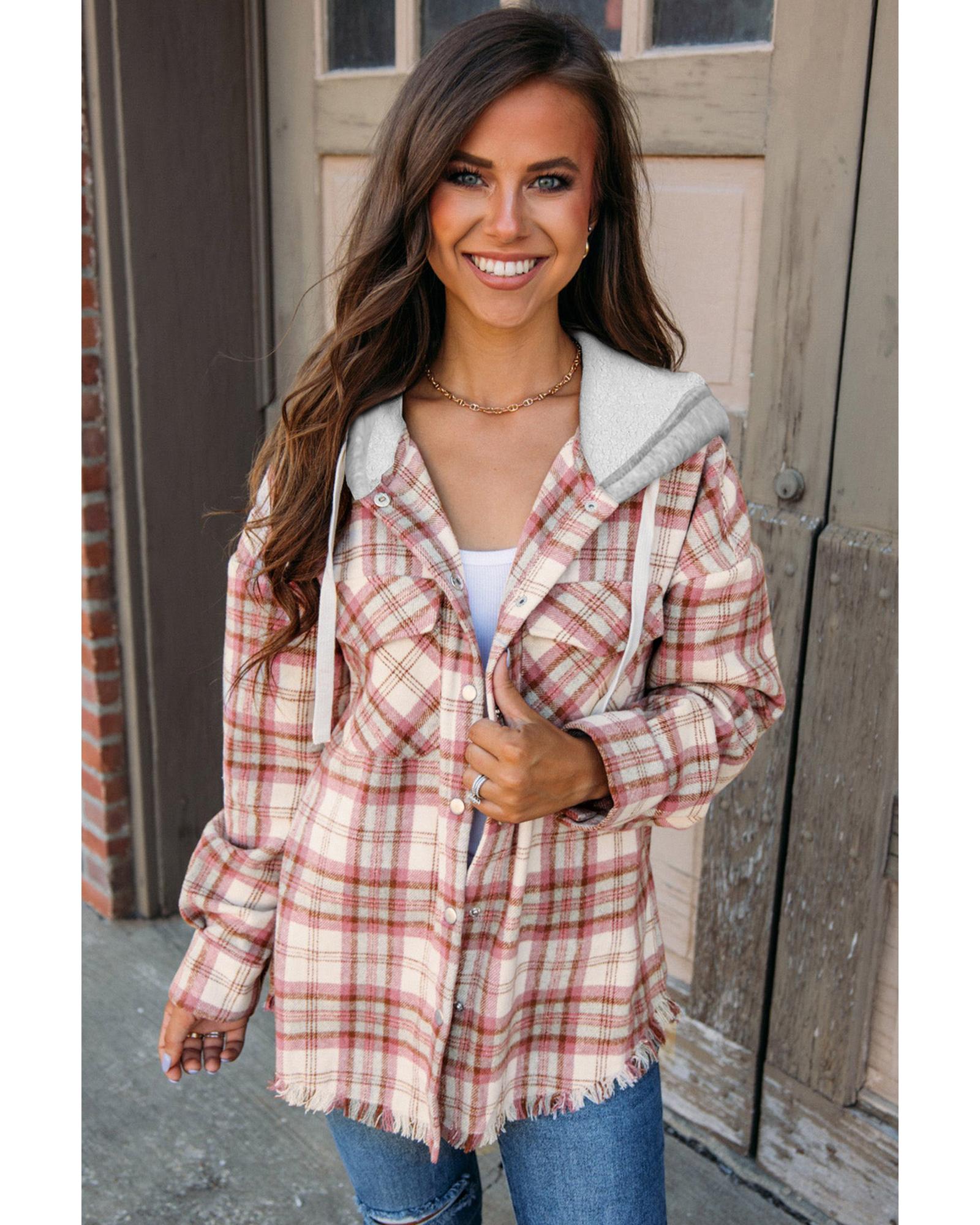 Multicolour Plaid Flap Pocket Hooded Raw Hem Jacket - S