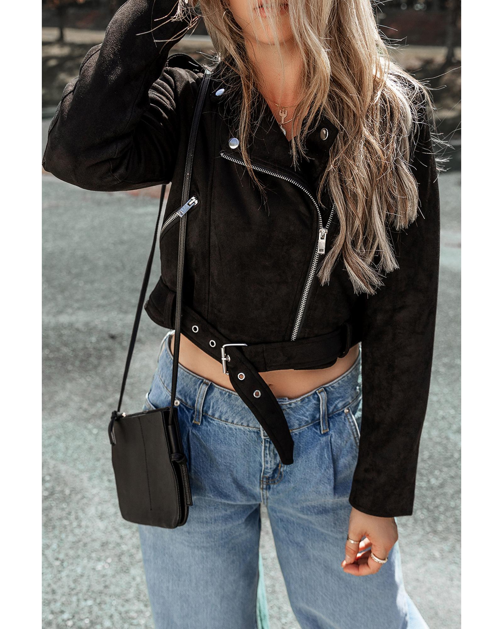 Black Asymmetric Zipper Belted Hem Jacket - S