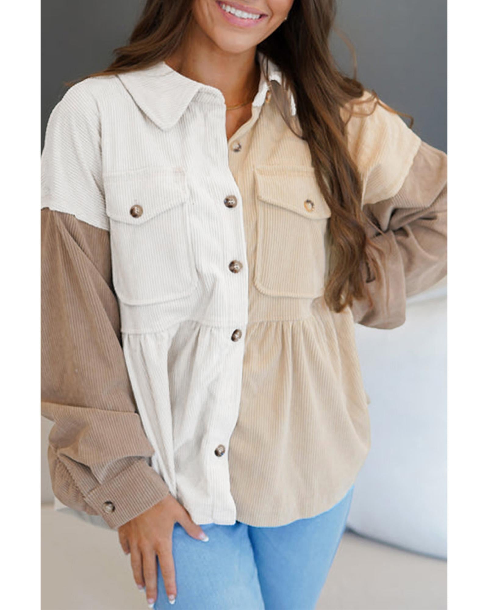 Khaki Corduroy Colorblock Button up Loose Shacket - M