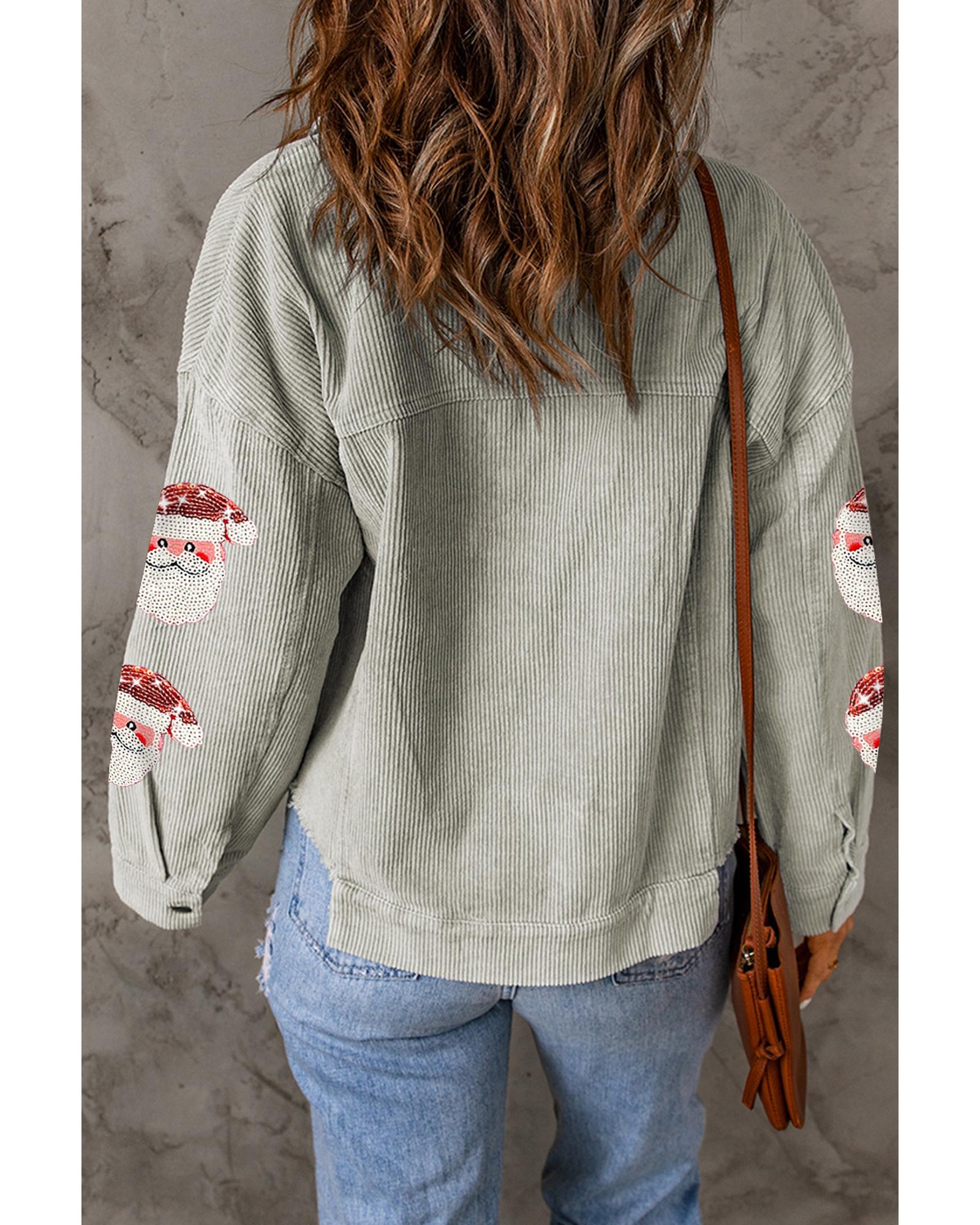 Sky Blue Sequined Santa Claus Flap Pocket Corduroy Jacket - M