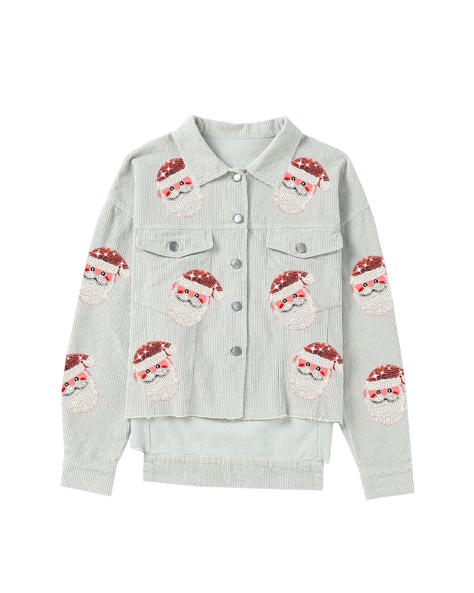 Sky Blue Sequined Santa Claus Flap Pocket Corduroy Jacket - S