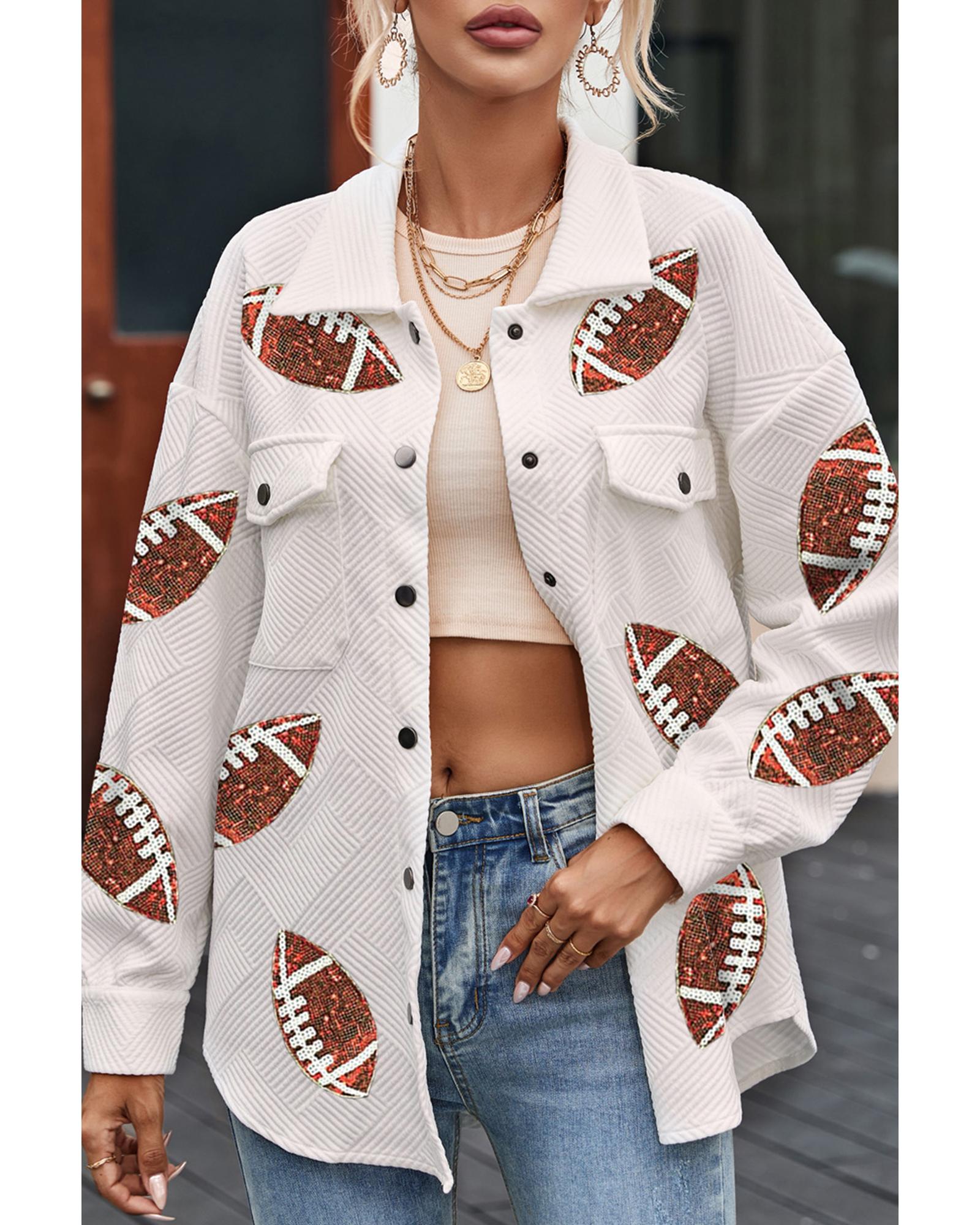 Beige Bubble Gum Texture Sequined Football Shacket - XL