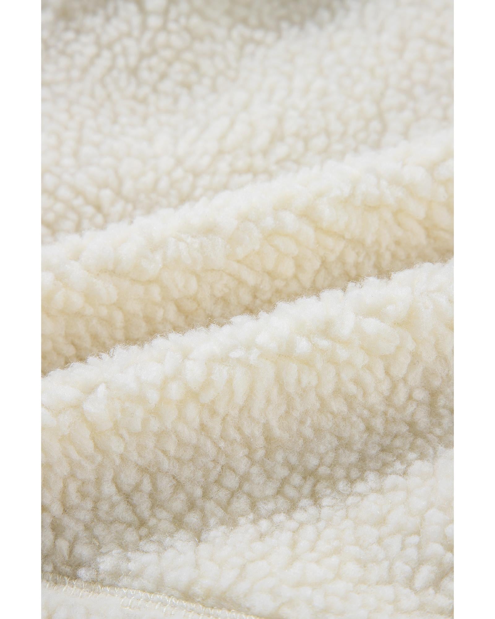 Beige Fleece Zip Up Drawstring Hooded Pocketed Jacket - XL