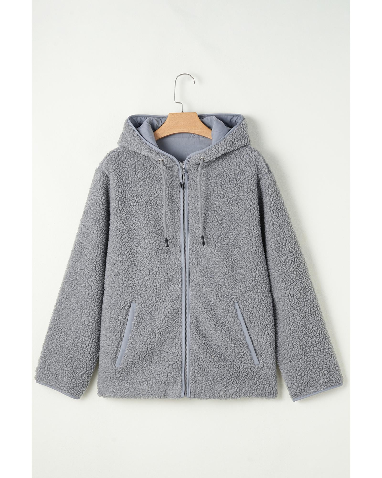Medium Grey Fleece Zip Up Drawstring Hooded Pocketed Jacket - L