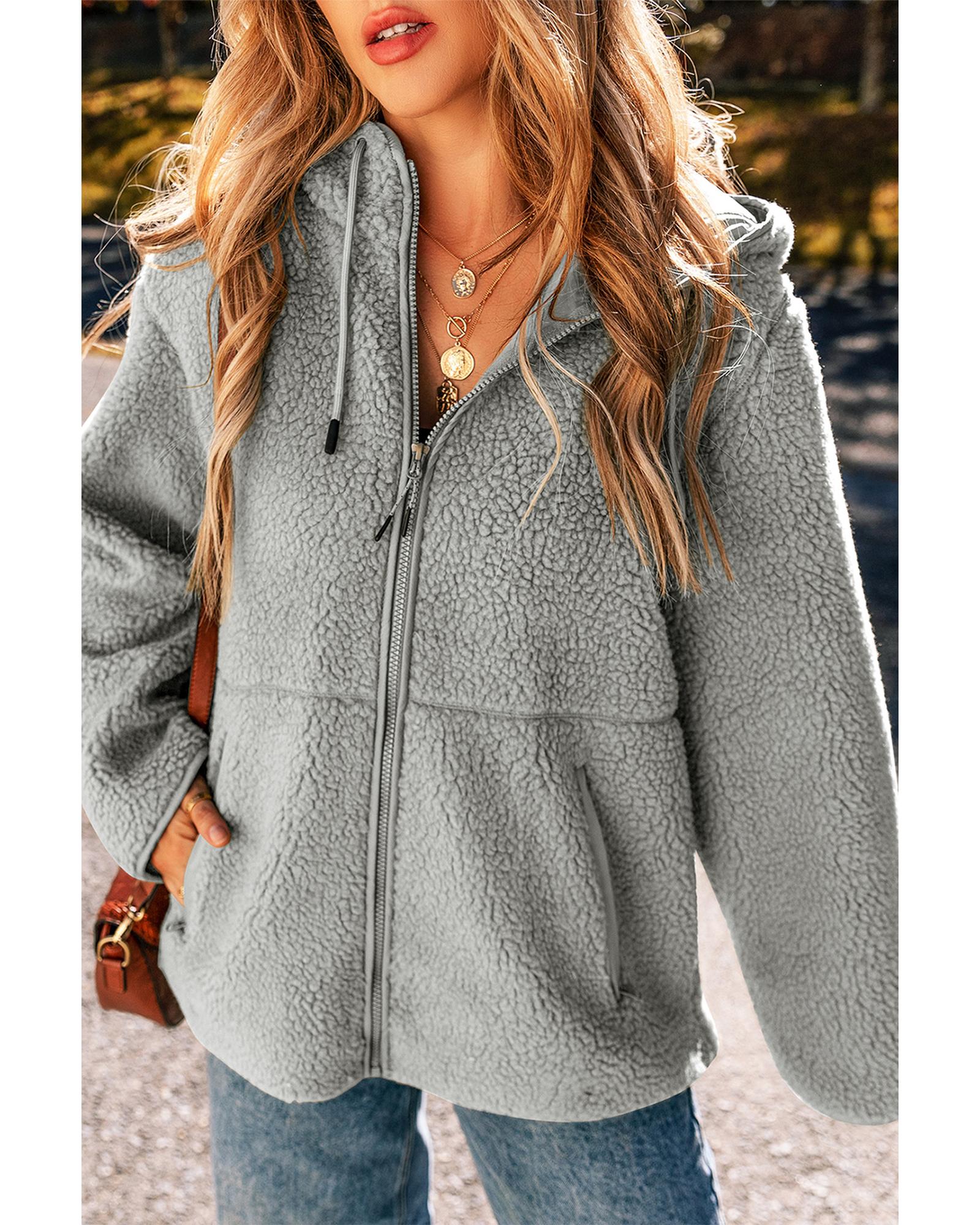 Medium Grey Fleece Zip Up Drawstring Hooded Pocketed Jacket - S