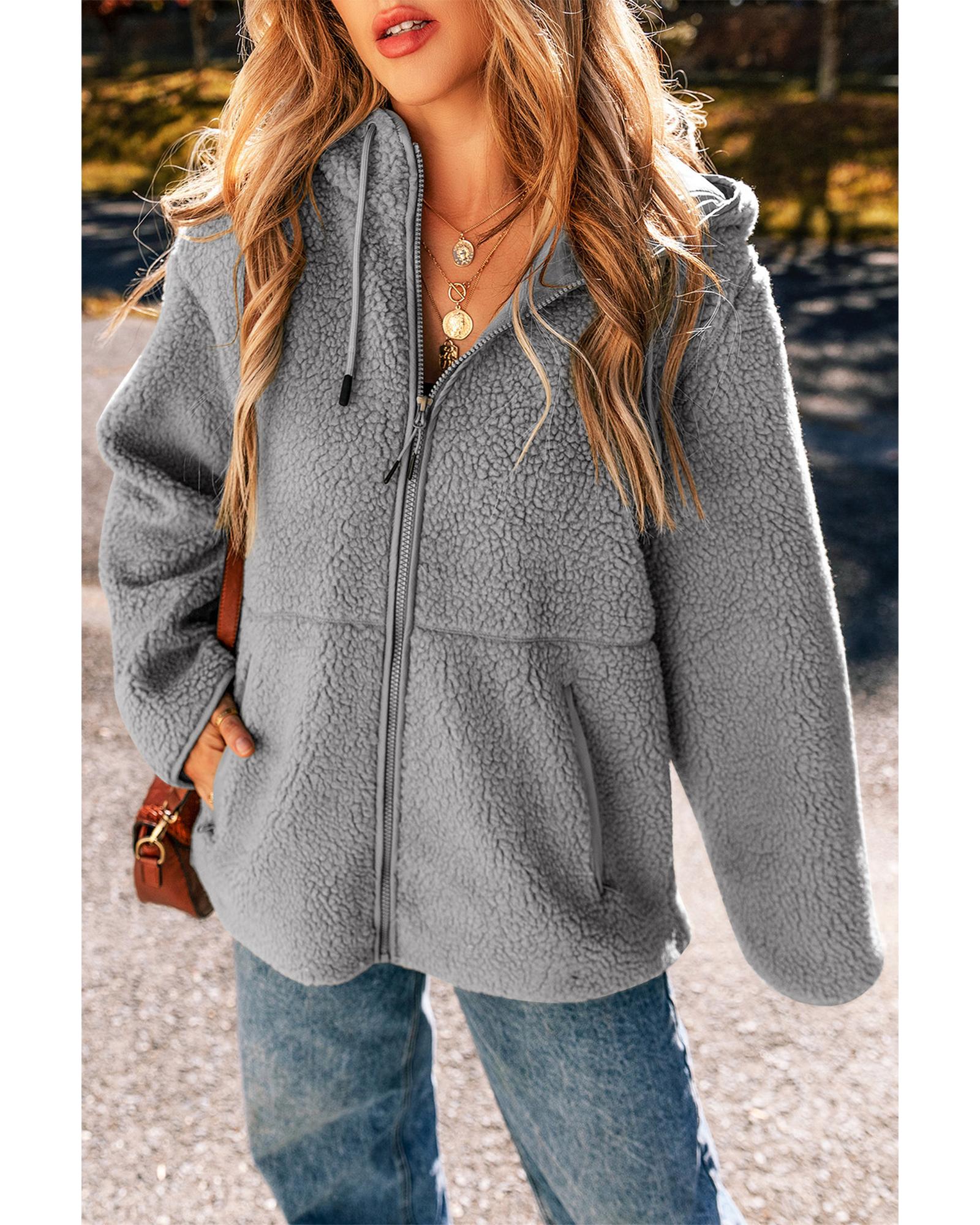 Medium Grey Fleece Zip Up Drawstring Hooded Pocketed Jacket - S