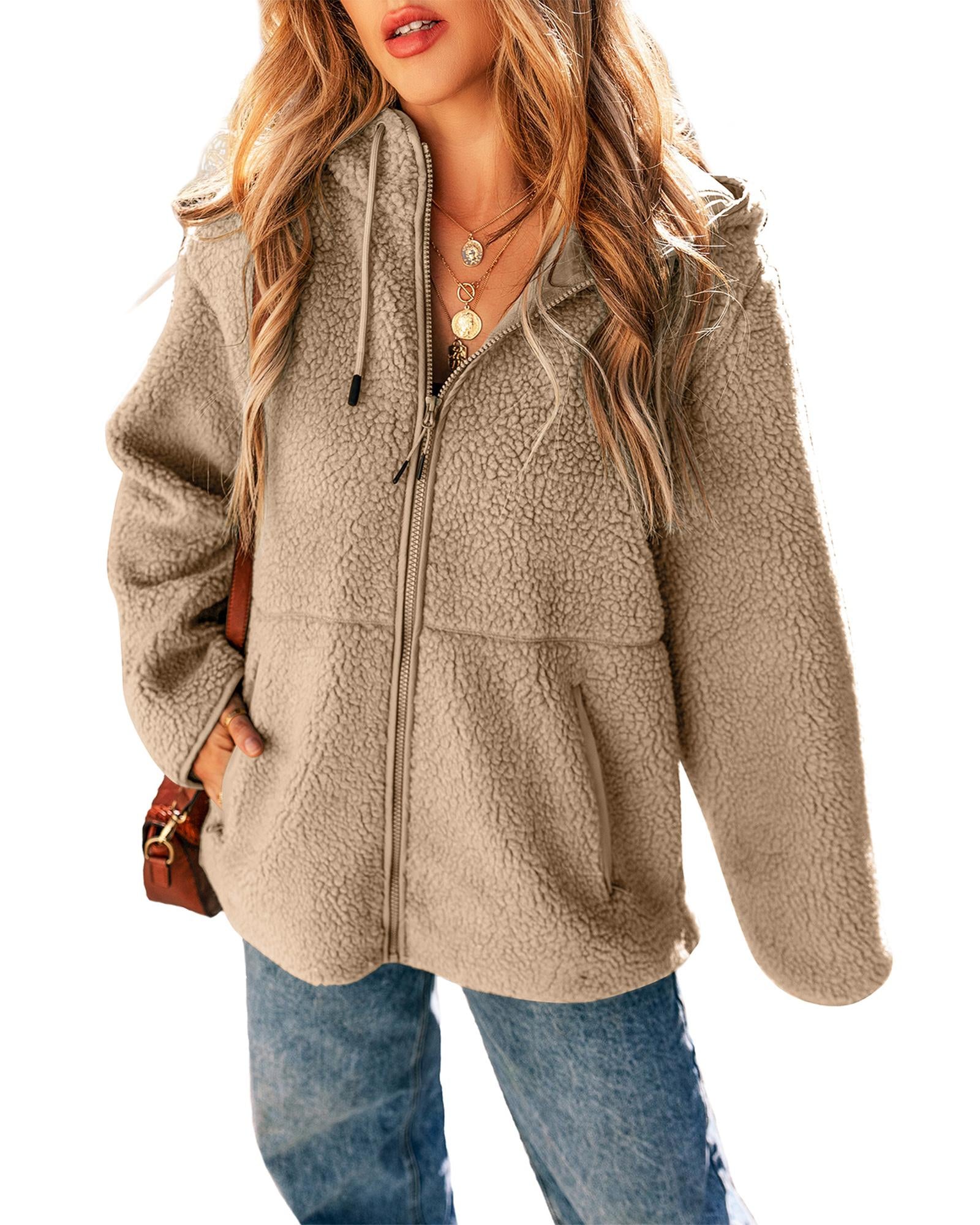 Pale Khaki Fleece Zip Up Drawstring Hooded Pocketed Jacket - XL