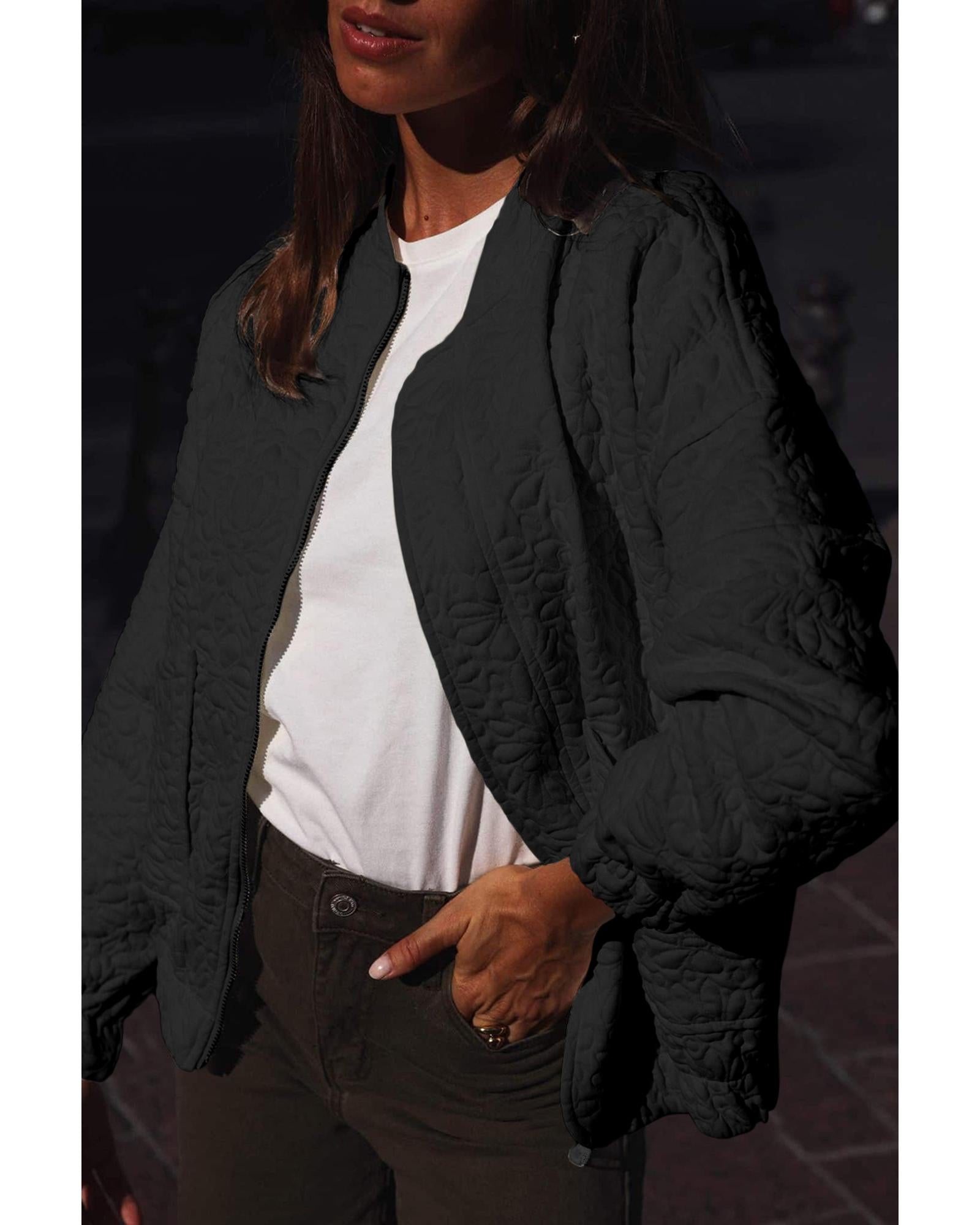 Black Floral Quilted Jacket - M