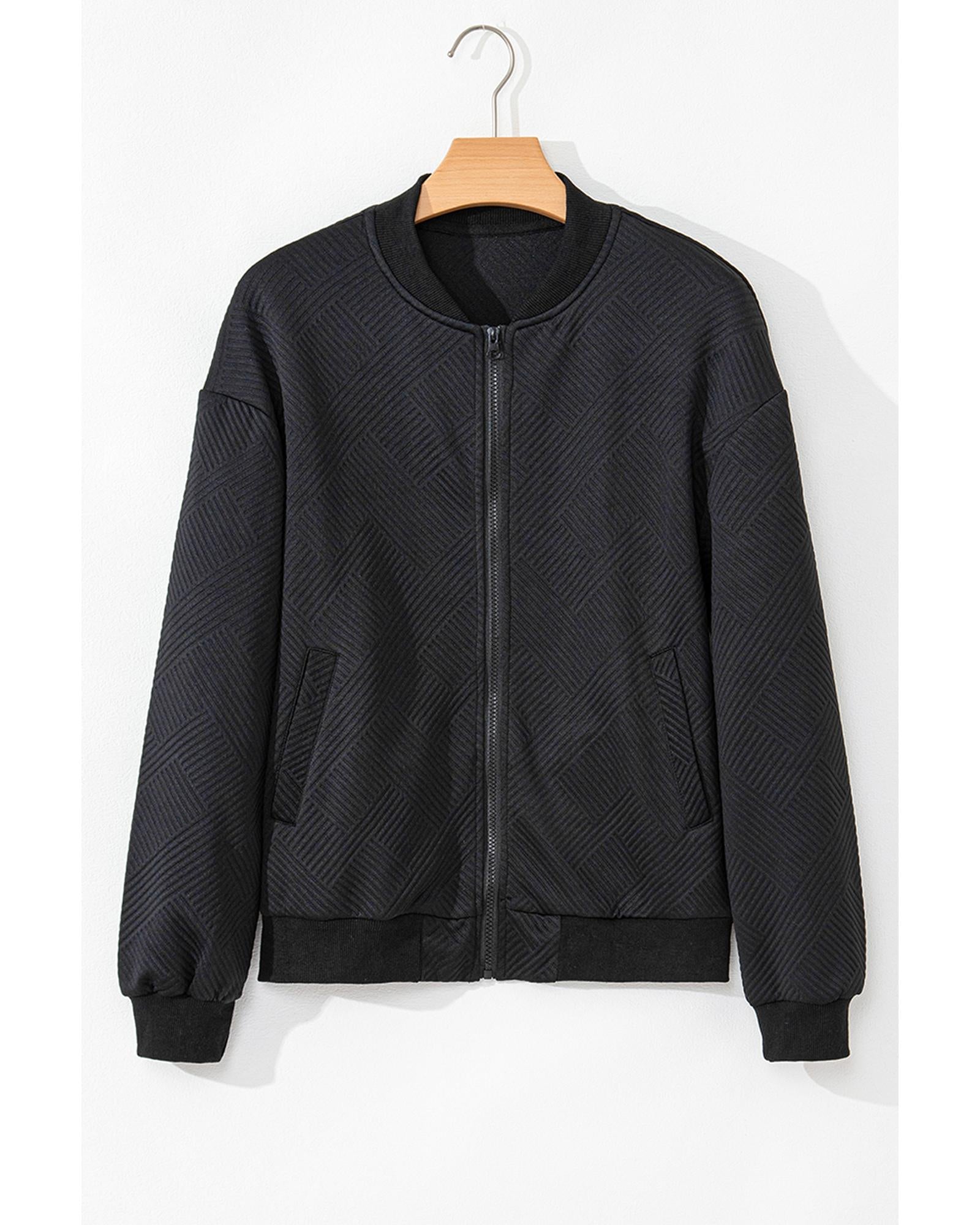 Black Solid Textured Stand Neck Zipper Bomber Jacket - S