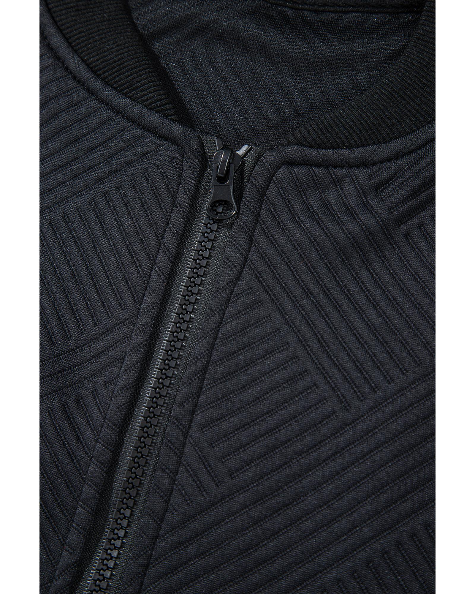 Black Solid Textured Stand Neck Zipper Bomber Jacket - S