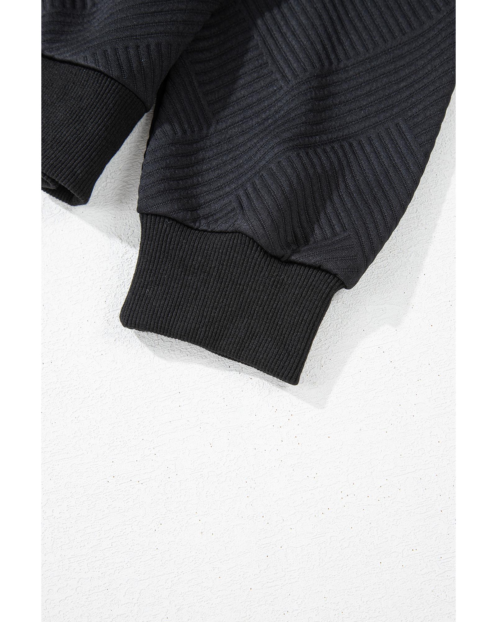 Black Solid Textured Stand Neck Zipper Bomber Jacket - S