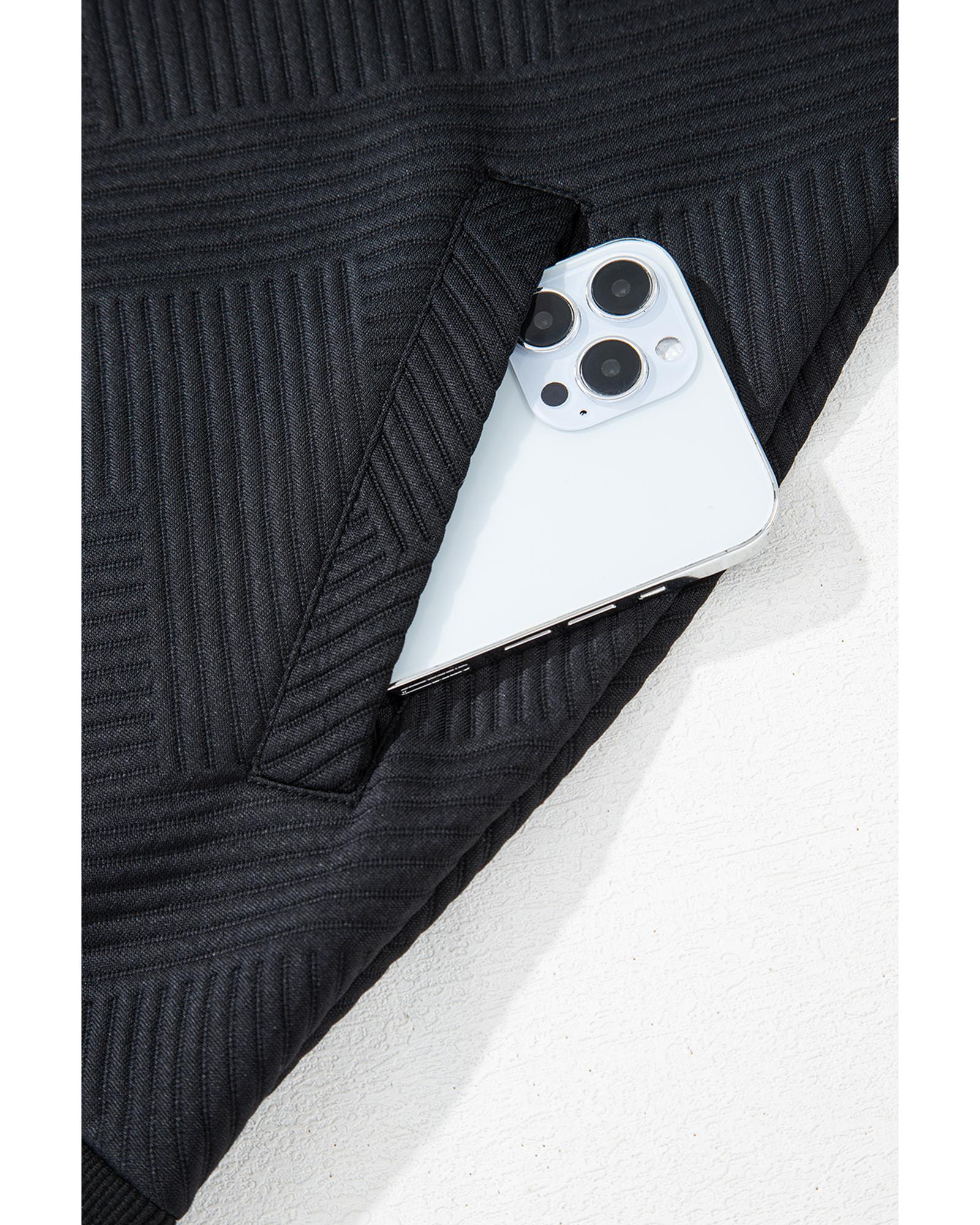 Black Solid Textured Stand Neck Zipper Bomber Jacket - S