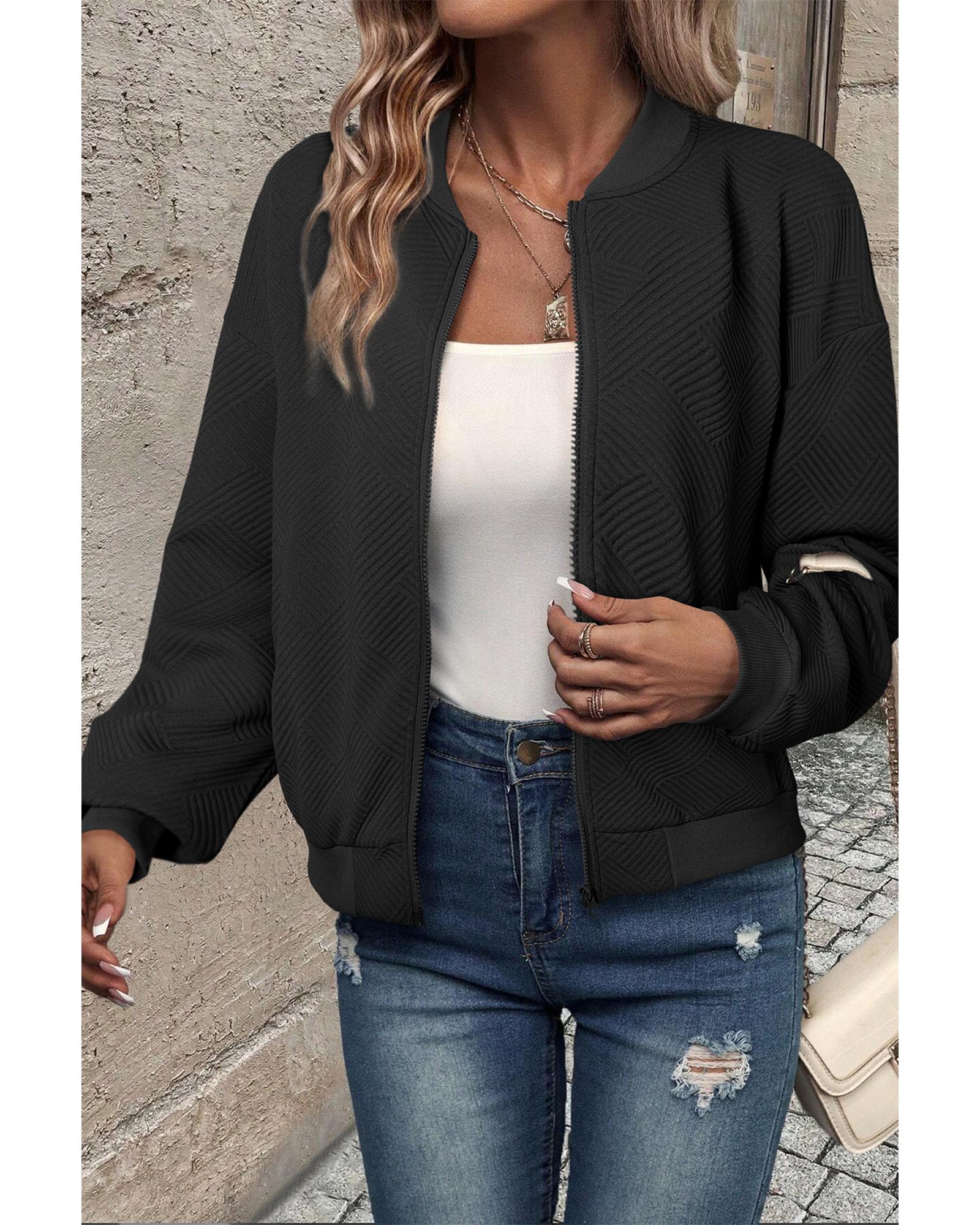 Black Solid Textured Stand Neck Zipper Bomber Jacket - XL