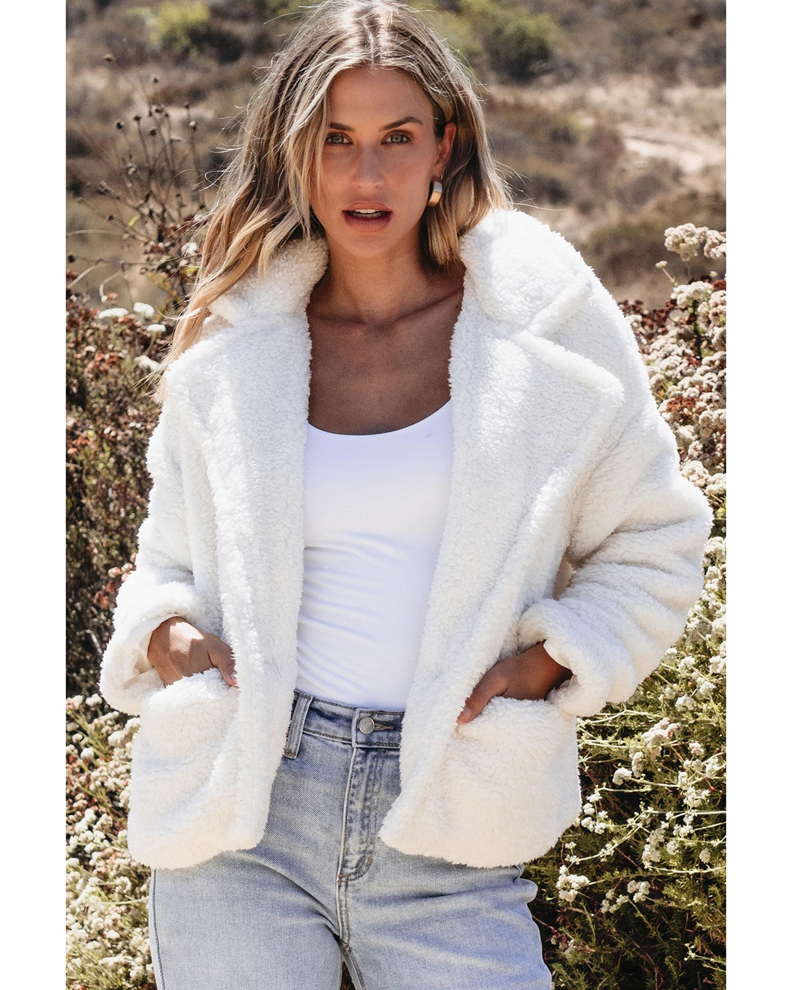 Beige Faux Fur Button Pocketed Lapel Collar Jacket - M