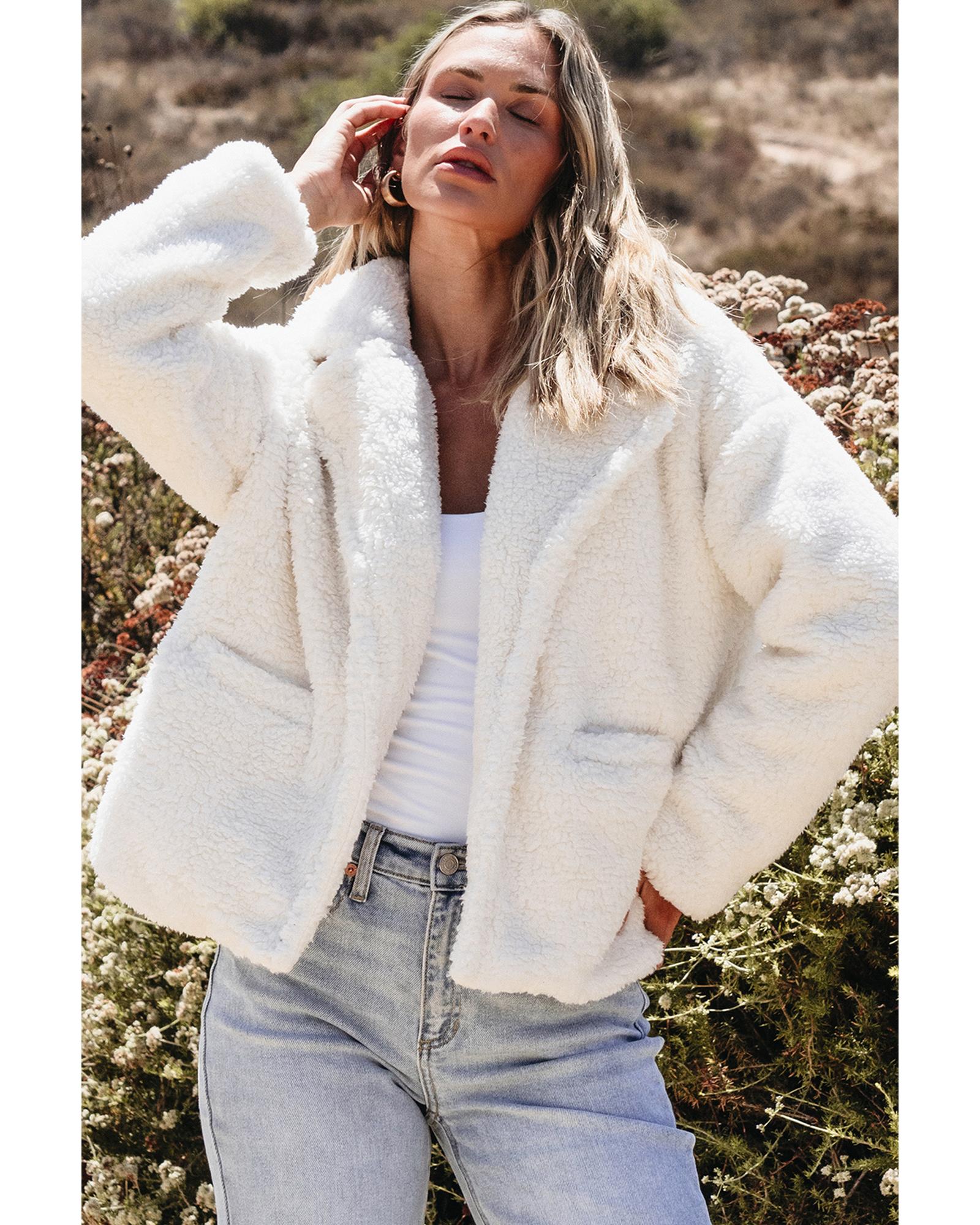 Beige Faux Fur Button Pocketed Lapel Collar Jacket - XL