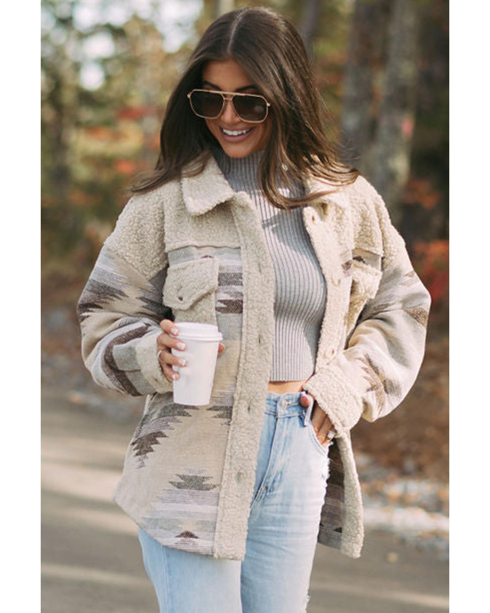 Khaki Western Aztec Print Sherpa Splicing Buttoned Flap Pocket Coat - XL
