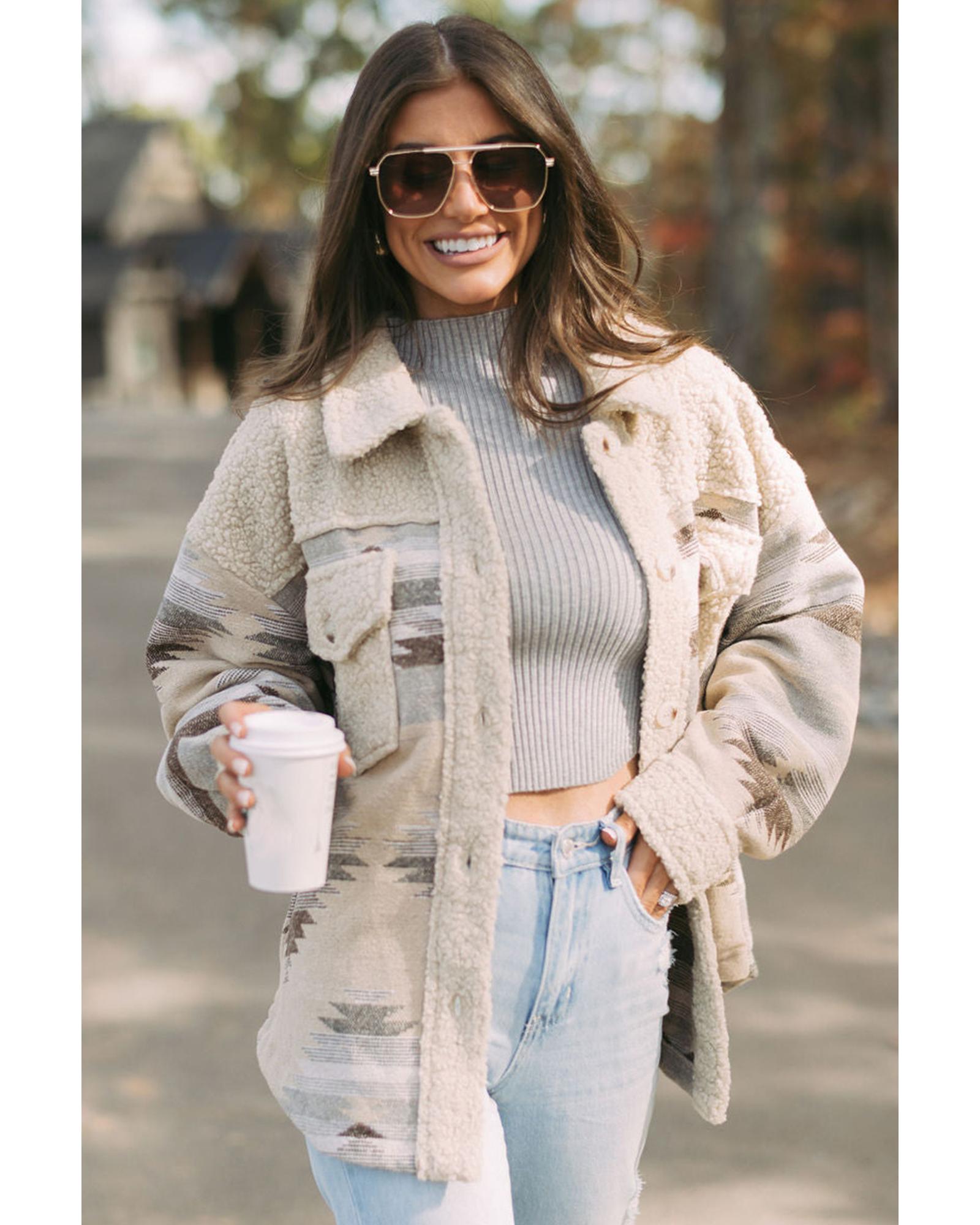 Khaki Western Aztec Print Sherpa Splicing Buttoned Flap Pocket Coat - XL