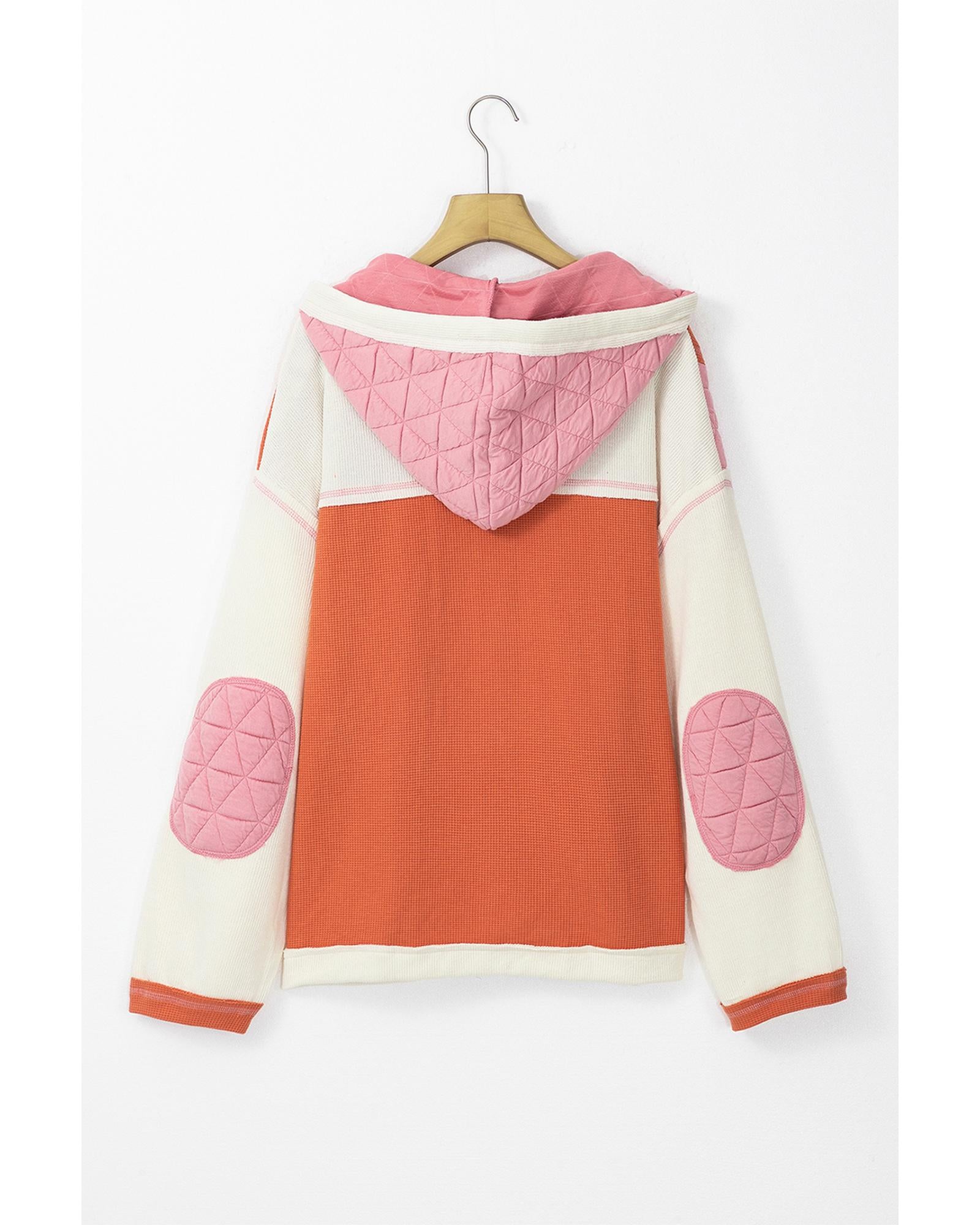 Coral Quilted Textured Patchwork Loose Fit Hooded Jacket - S