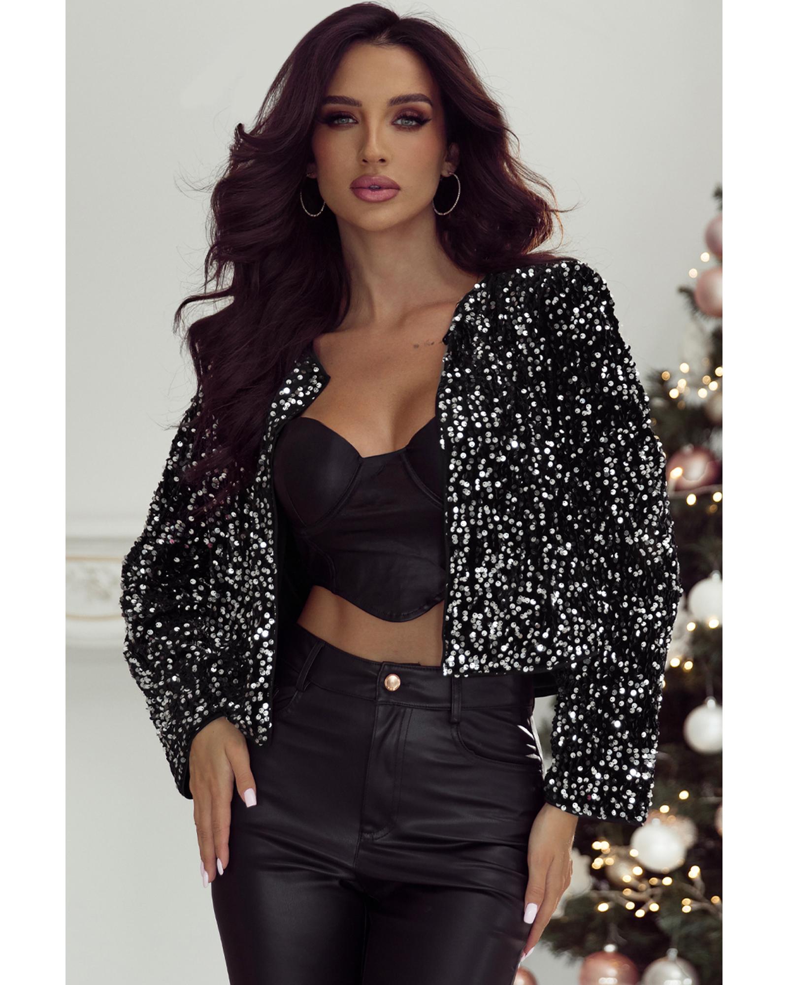 Black Sequined Open Front Cropped Jacket - S