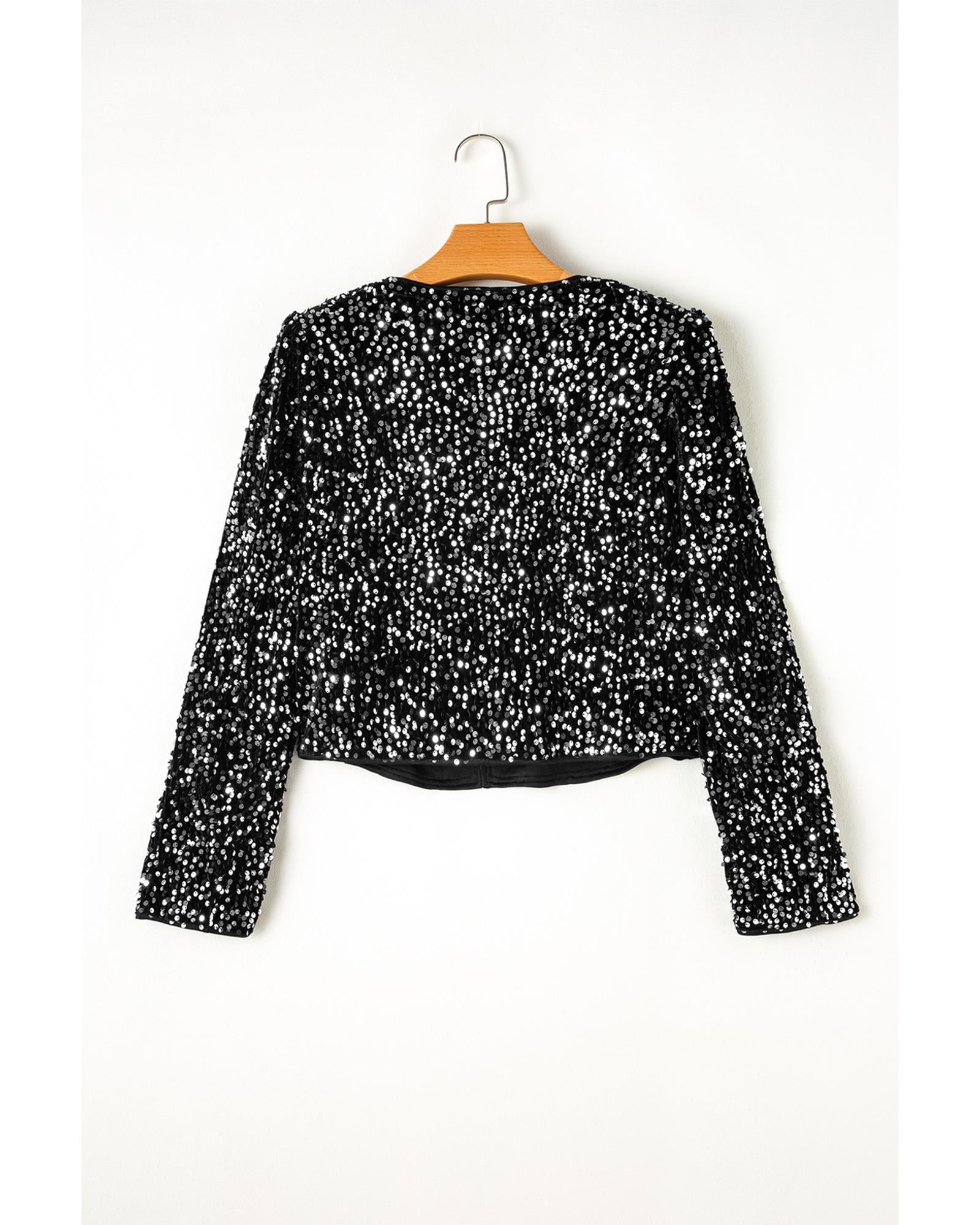 Black Sequined Open Front Cropped Jacket - XL