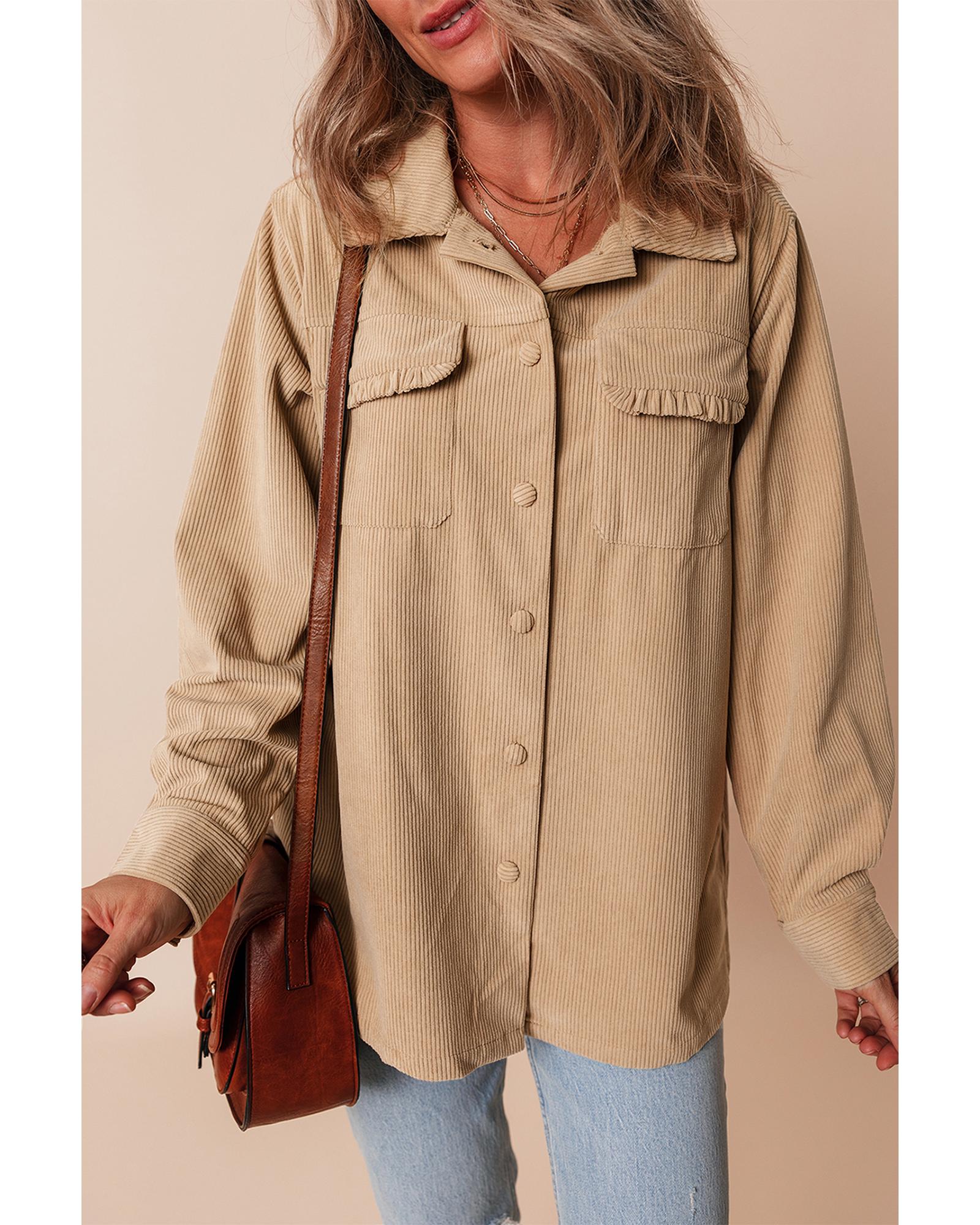Light French Beige Solid Frilled Flap Pocket Button Up Corduroy Shacket - S