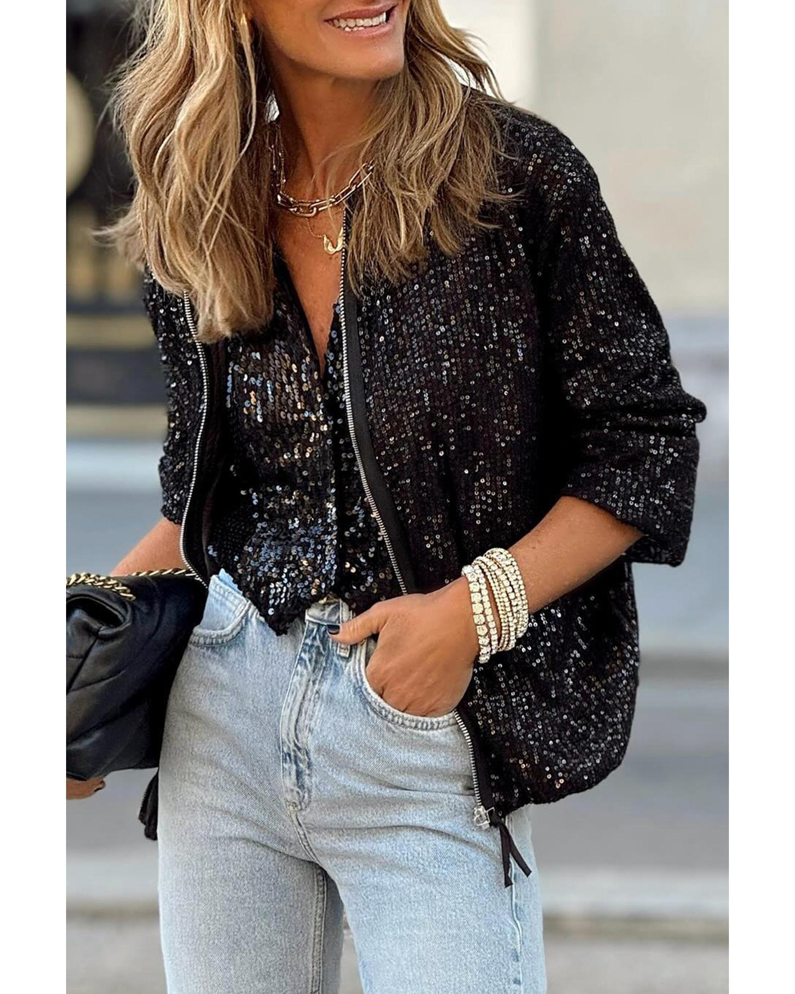 Black Sequin Zip up Round Neck Long Sleeve Jacket - S