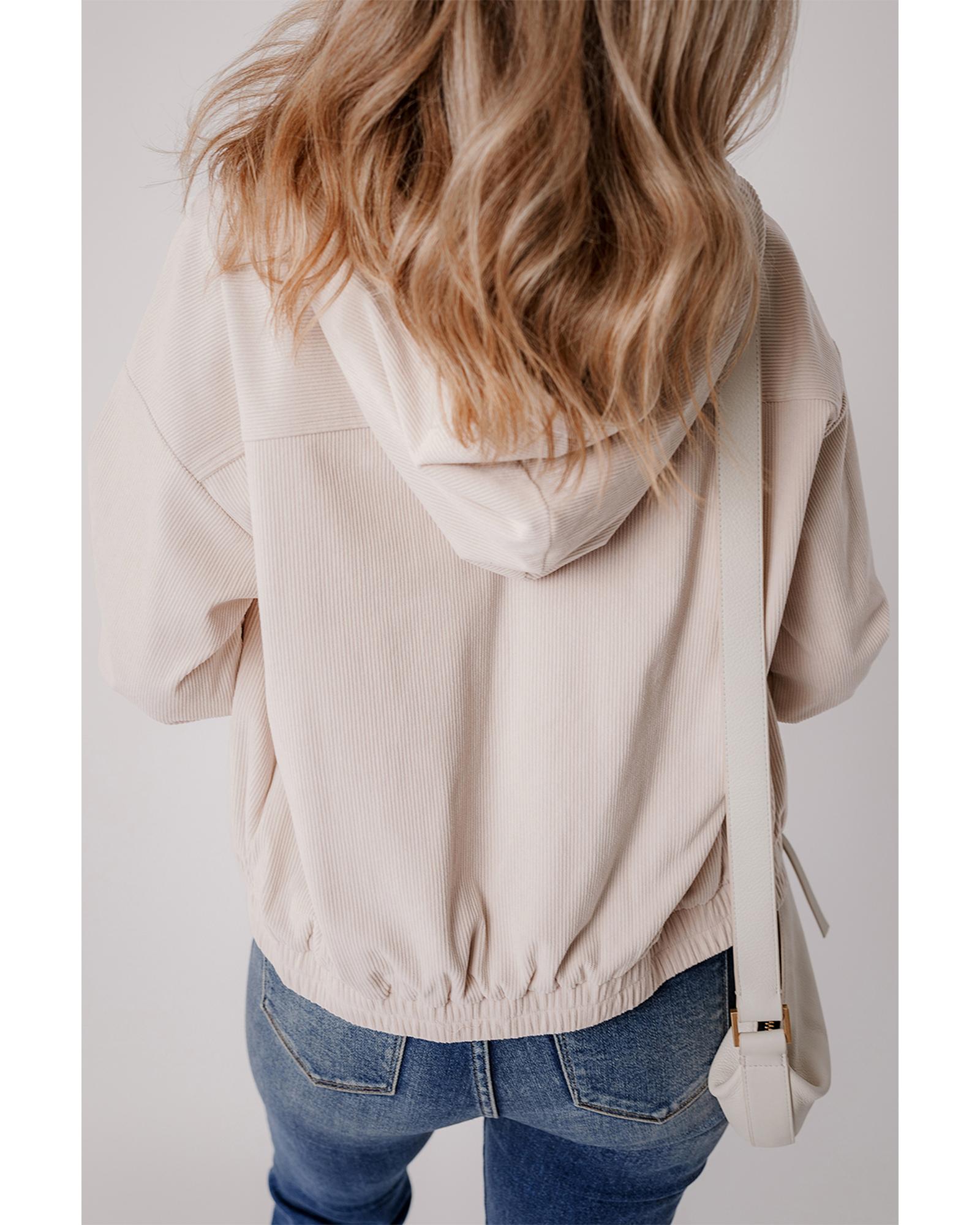White Corduroy Drawstring Hooded Pocket Zip Up Jacket - XL