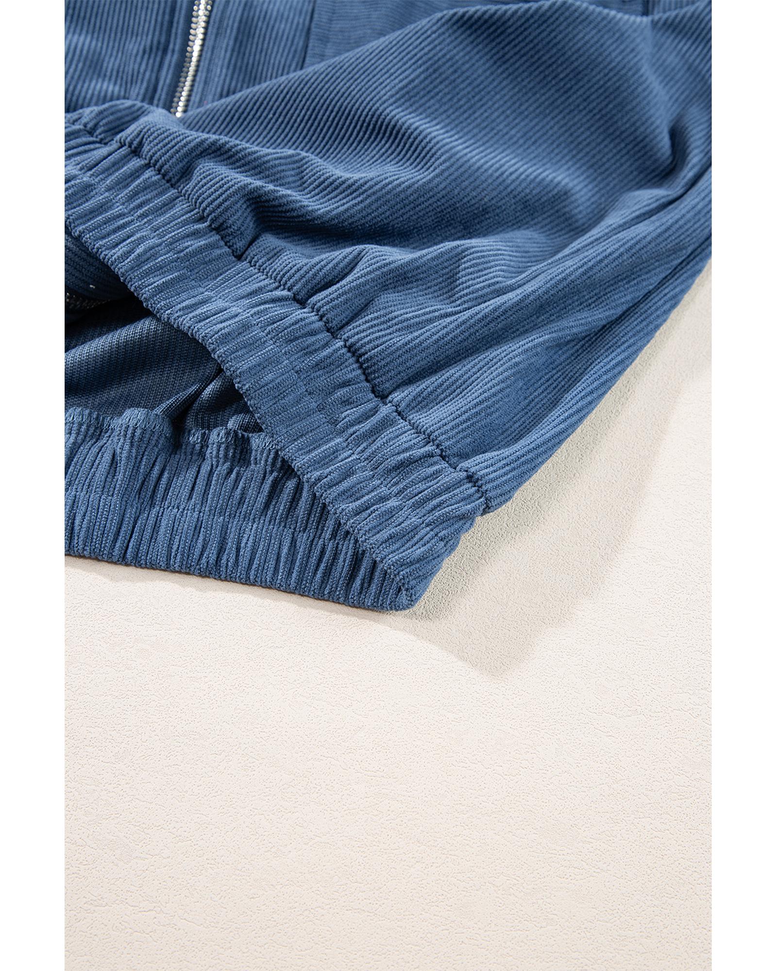 Real Teal Corduroy Drawstring Hooded Pocket Zip Up Jacket - M